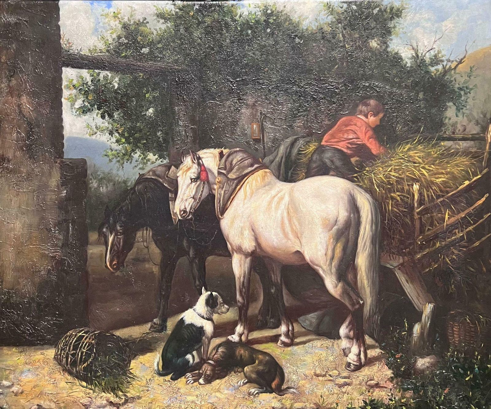 Continental Schoolfarm Yard Animals Horse & Dogs With Young Boy Large Oil Painting On Canvas20th Century