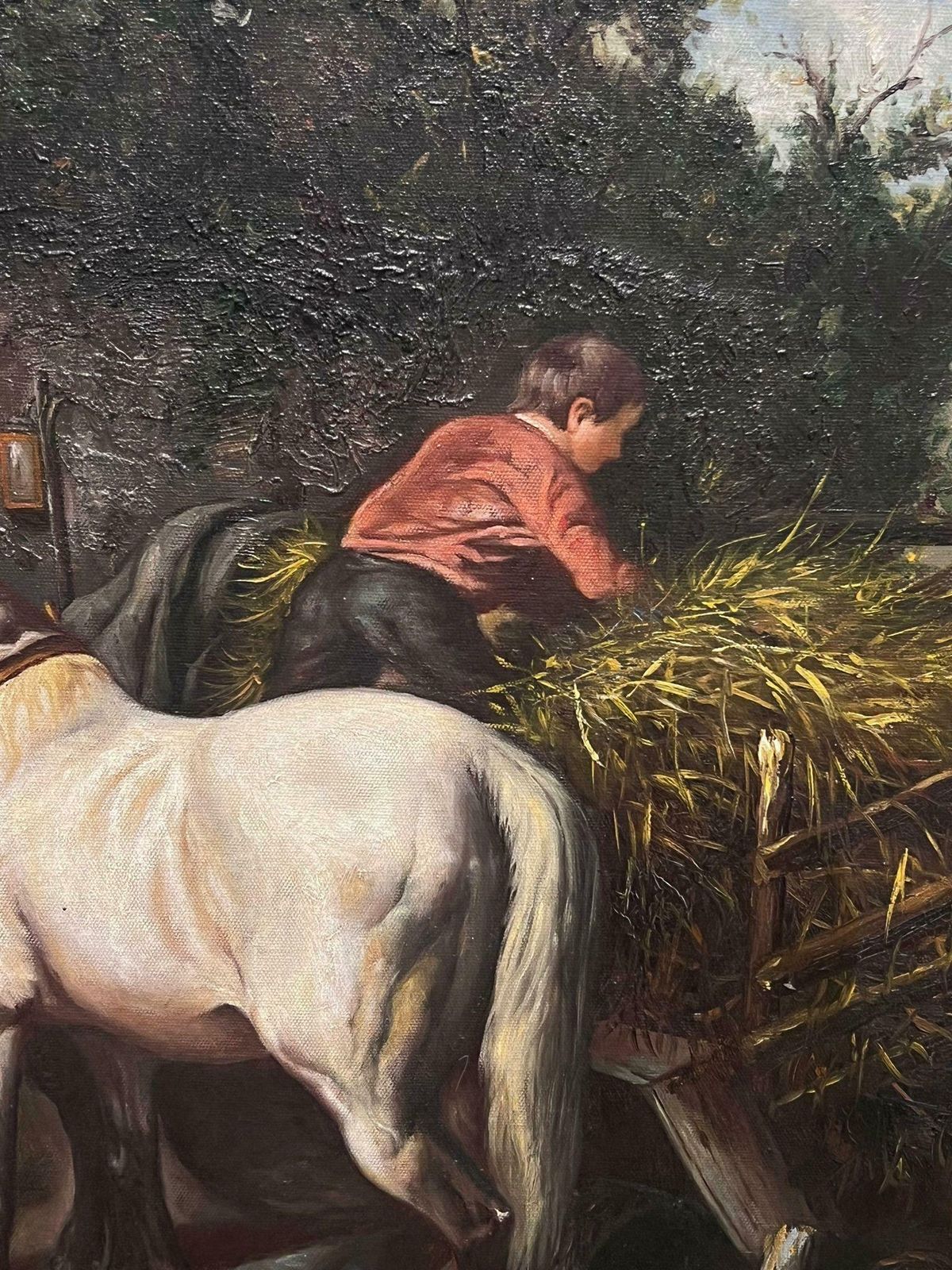 Continental Schoolfarm Yard Animals Horse & Dogs With Young Boy Large Oil Painting On Canvas20th Century photo 1032.0