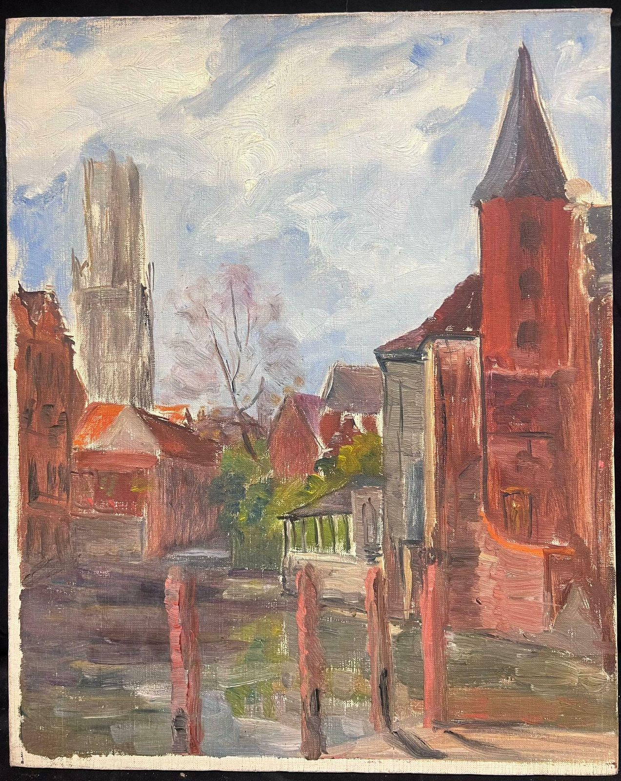 Regine Davidmid 20th Century 1950's French Post Impressionist Oil Old French Town Buildings1950's photo vinterior
