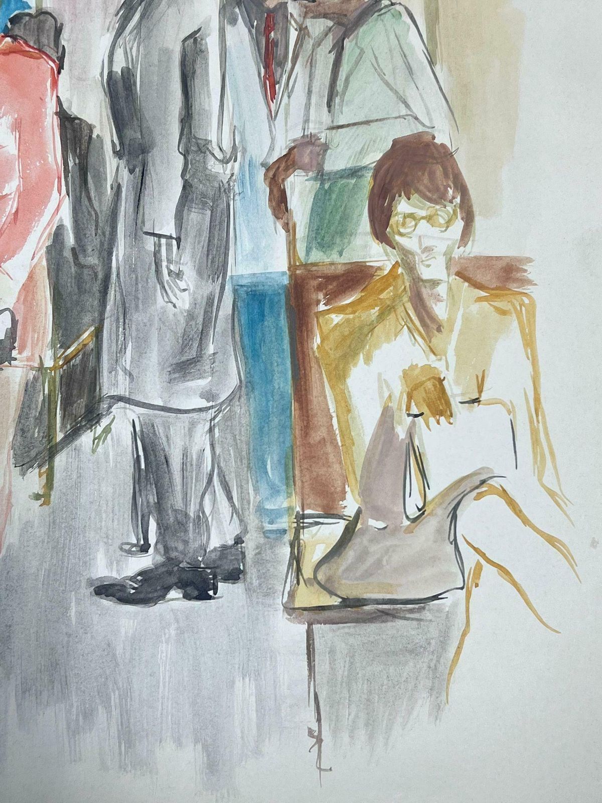 Guy Nicod 20th Century French Painting Figures In Waiting Room Watercolour photo for sale