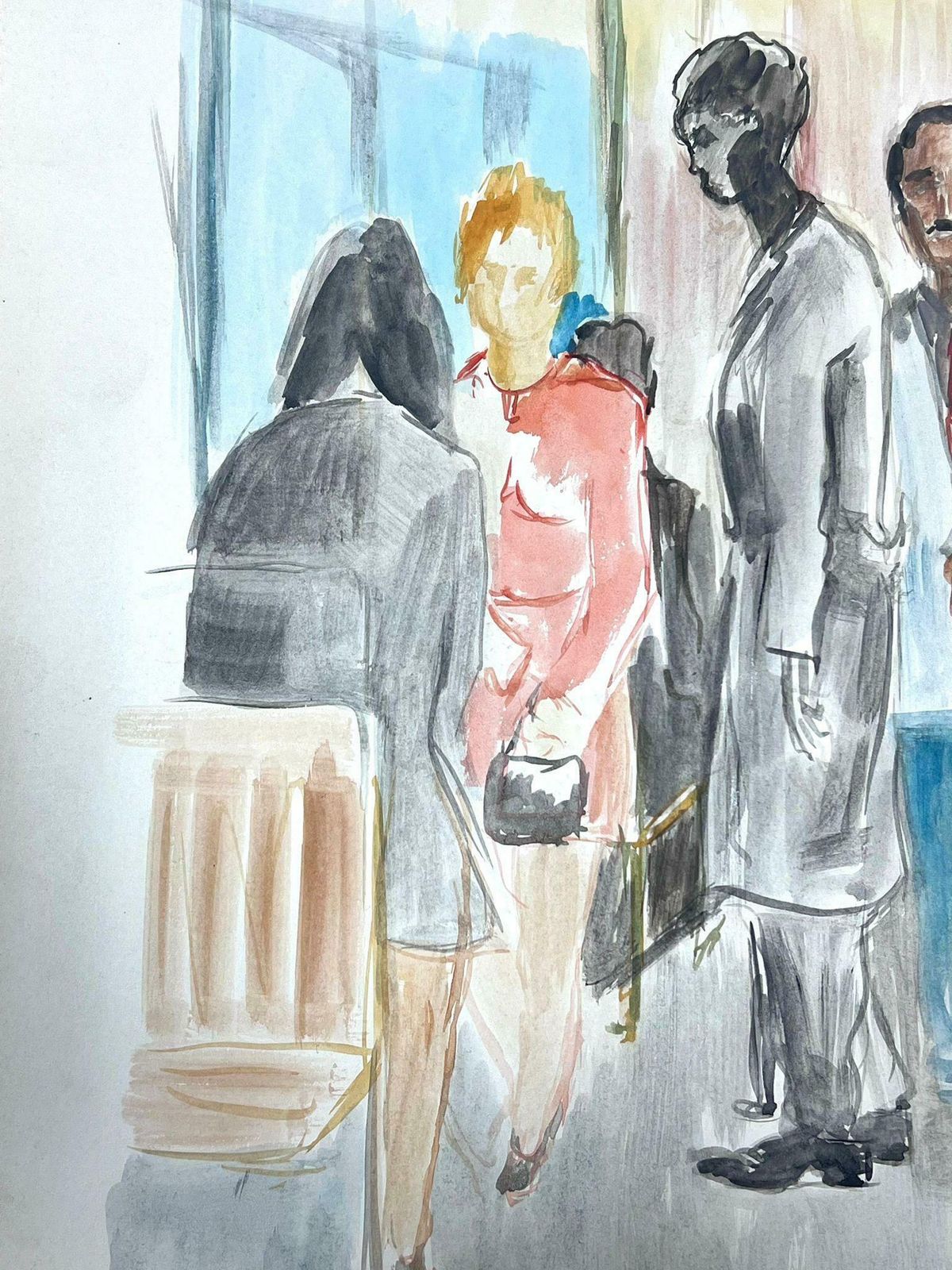 Guy Nicod 20th Century French Painting Figures In Waiting Room Watercolour photo Art