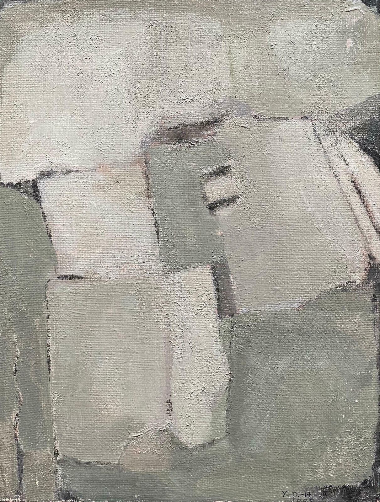 Yvette Dubois Habasqueshades Of Green And Grey Colors   Modern French Cubist Abstract Paintingc.2000s