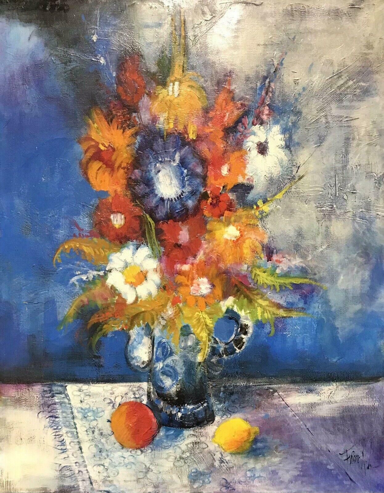 L. Franckhuge 1970's French Modernist Signed Oil   Bright & Colorful Still Life Flowersc. 1970's