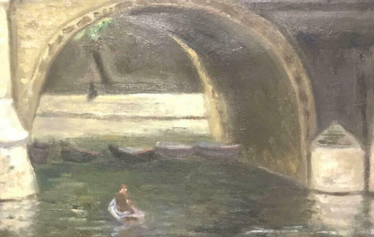 Bertrand Mogniat Duclosboating On The River Seine Paris Underneath Stone Bridge Signed French Oilc. 1960's