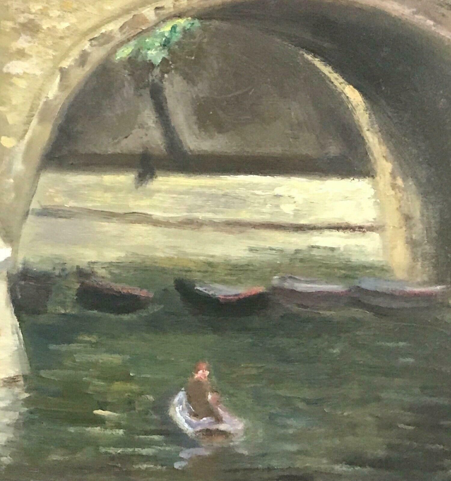 Bertrand Mogniat Duclosboating On The River Seine Paris Underneath Stone Bridge Signed French Oilc. 1960's photo 894.0