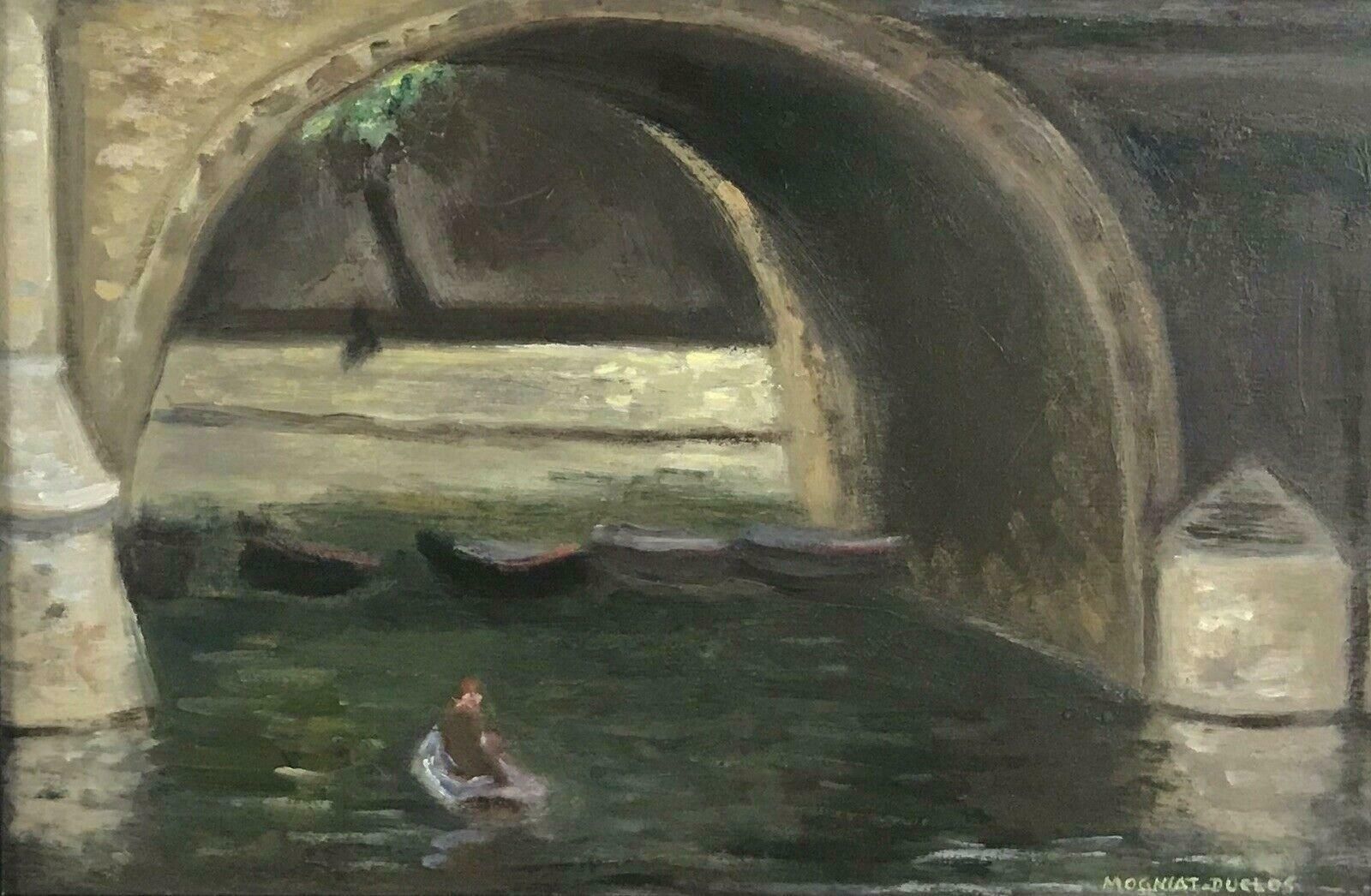 Bertrand Mogniat Duclosboating On The River Seine Paris Underneath Stone Bridge Signed French Oilc. 1960's photo vinterior
