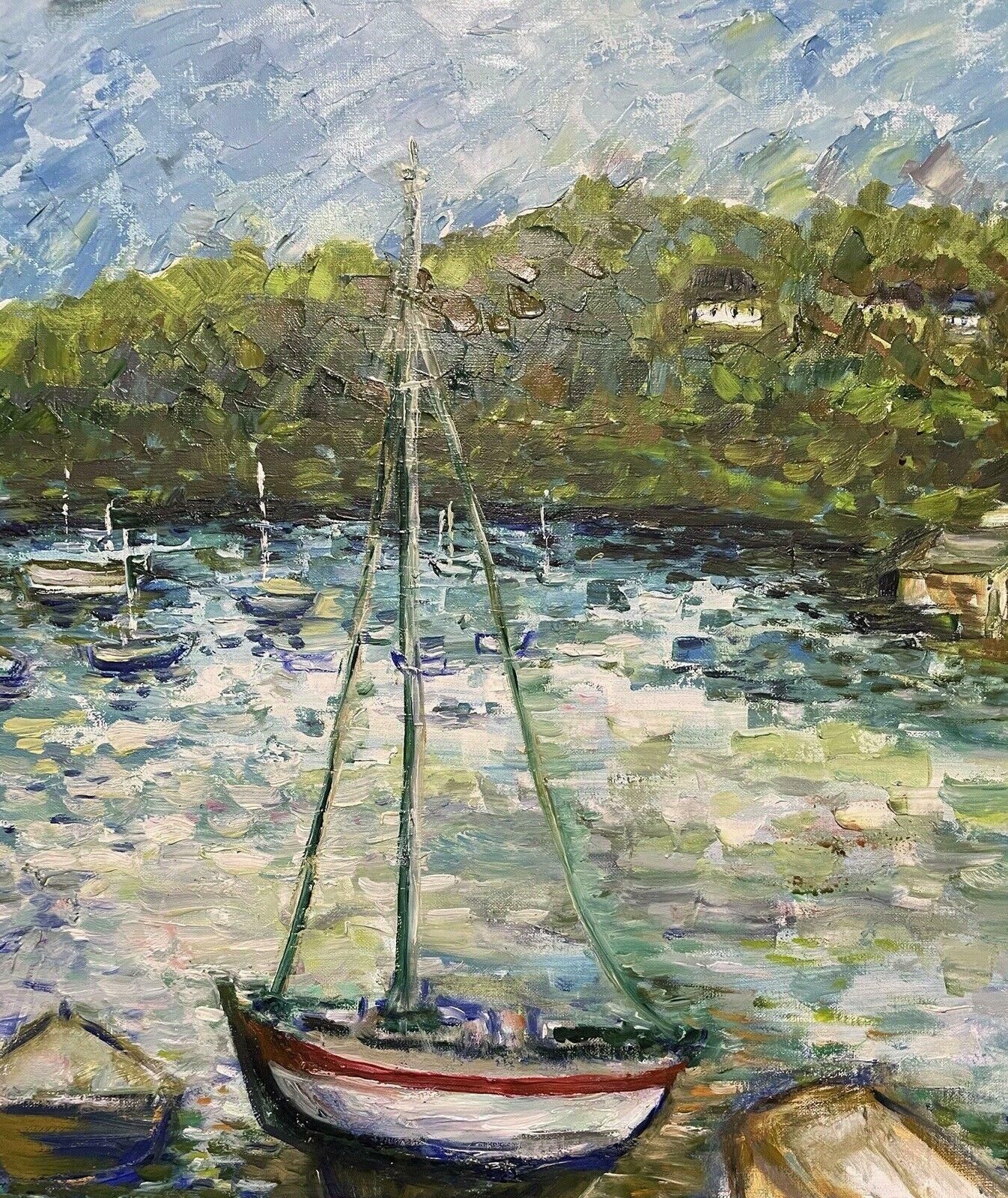 Claudine Ribouletclaudine Riboulet (French 1924 2013) Large Signed French Oil   Boats In Harbourmid Century photo Art