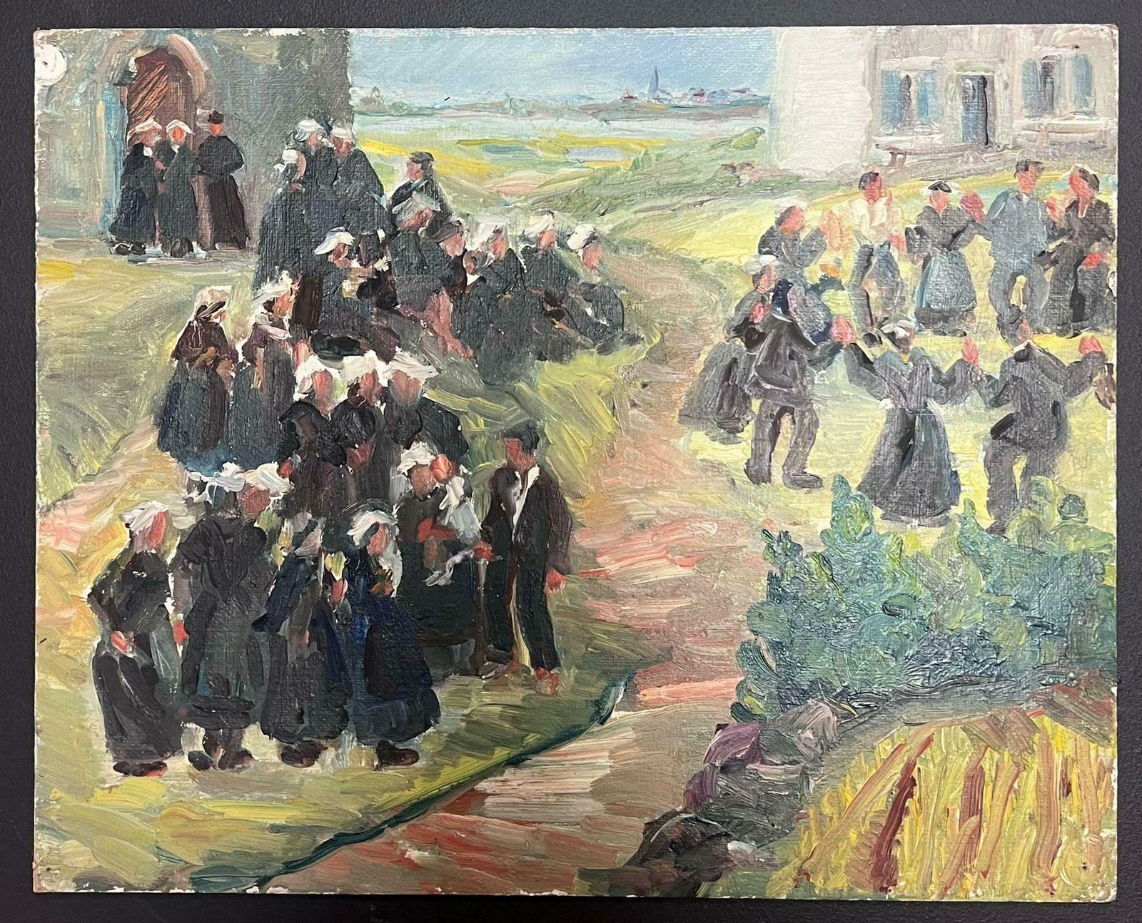 Regine Davidmid 20th Century 1950's French Post Impressionist Oil Villagers Leaving Church1950's photo Art