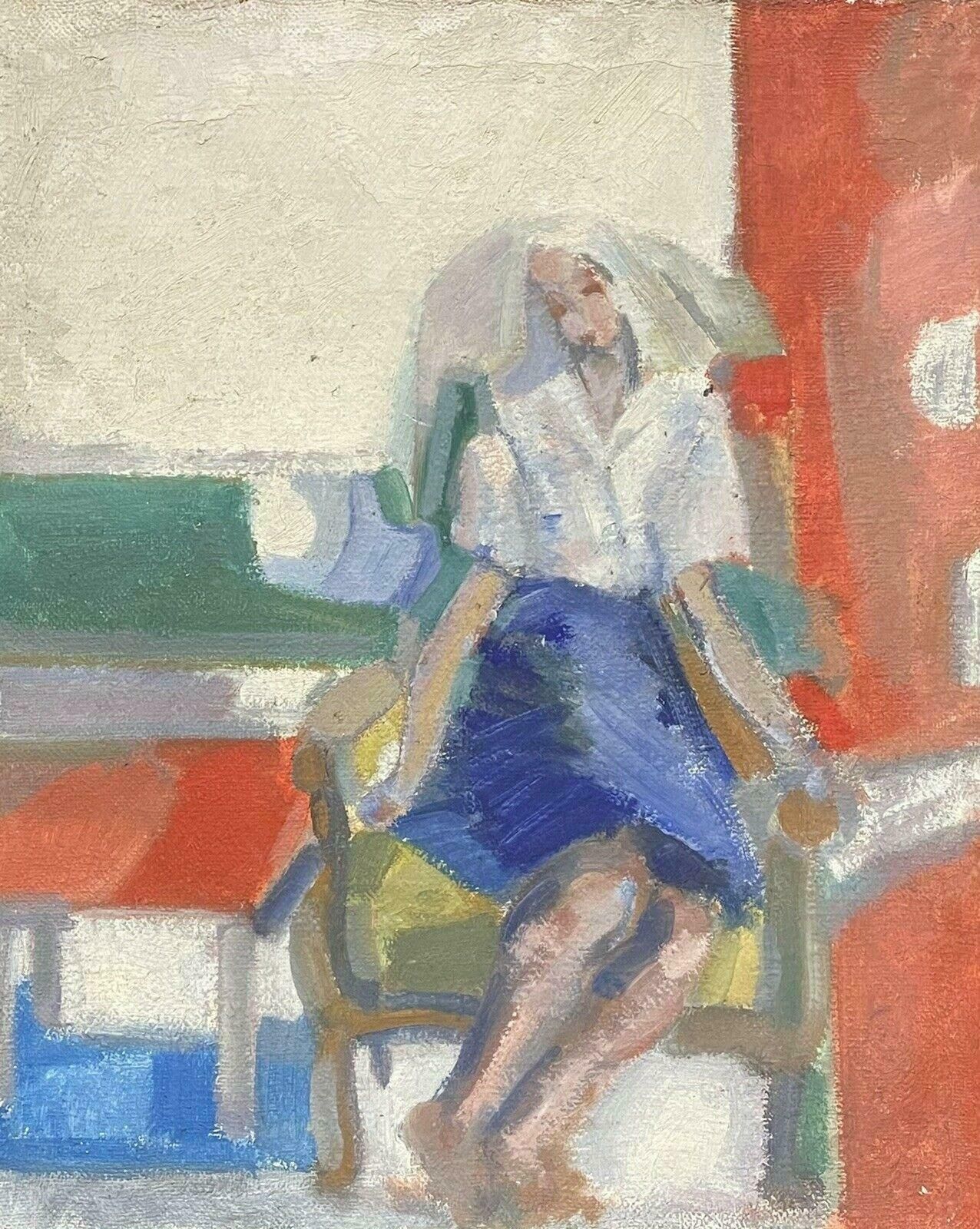 Unknown1950's French Fauvist Oil   Young Lady Seated On Terrace Chair   Beautiful Colorc. 1950's