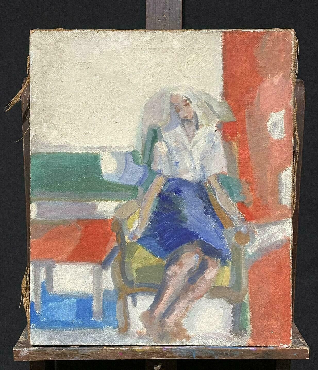 Unknown1950's French Fauvist Oil   Young Lady Seated On Terrace Chair   Beautiful Colorc. 1950's photo furniture