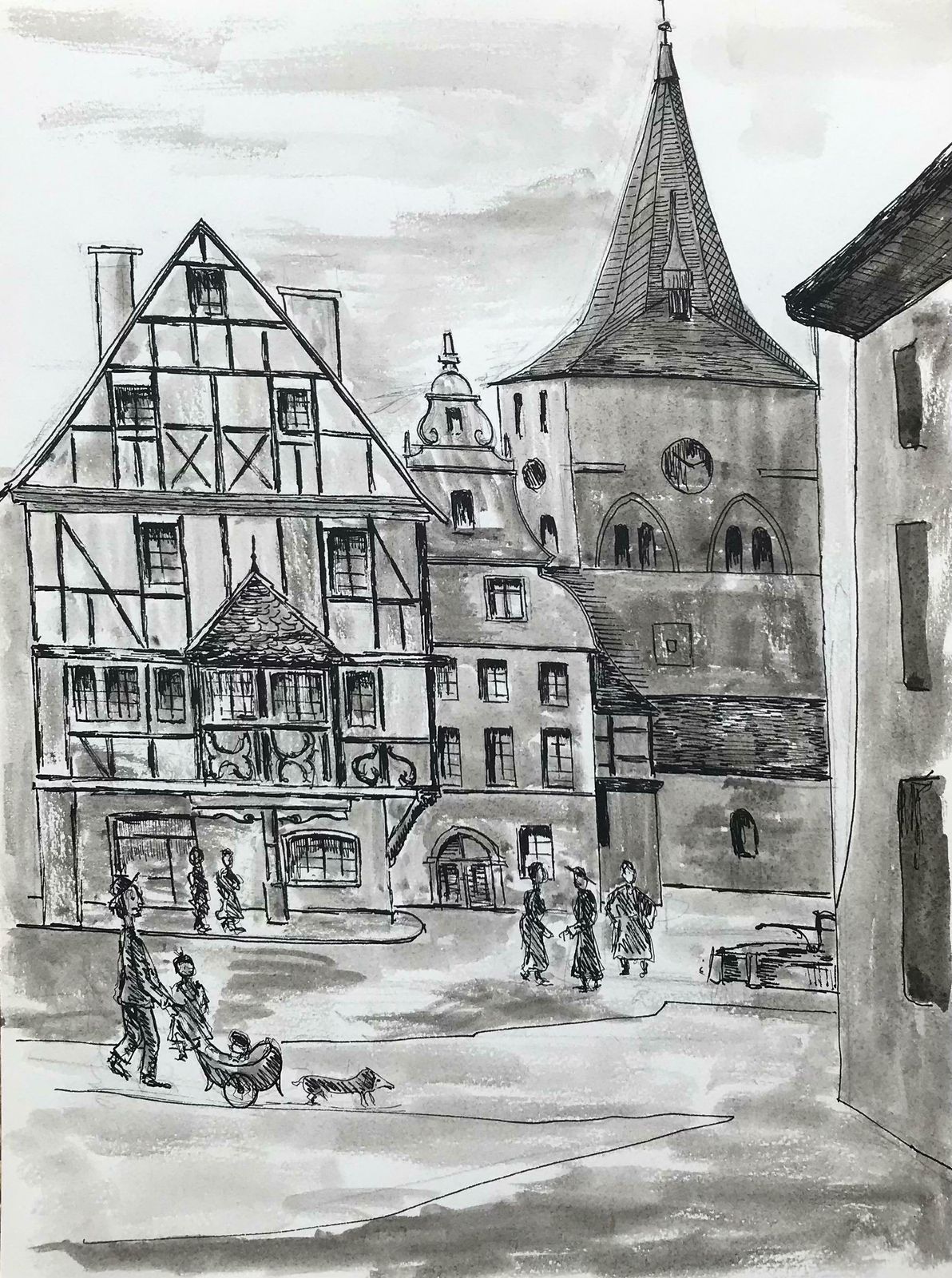 Bernard Labbe1950's Modernist/ Cubist Painting   Black And White French Town Scene1950's