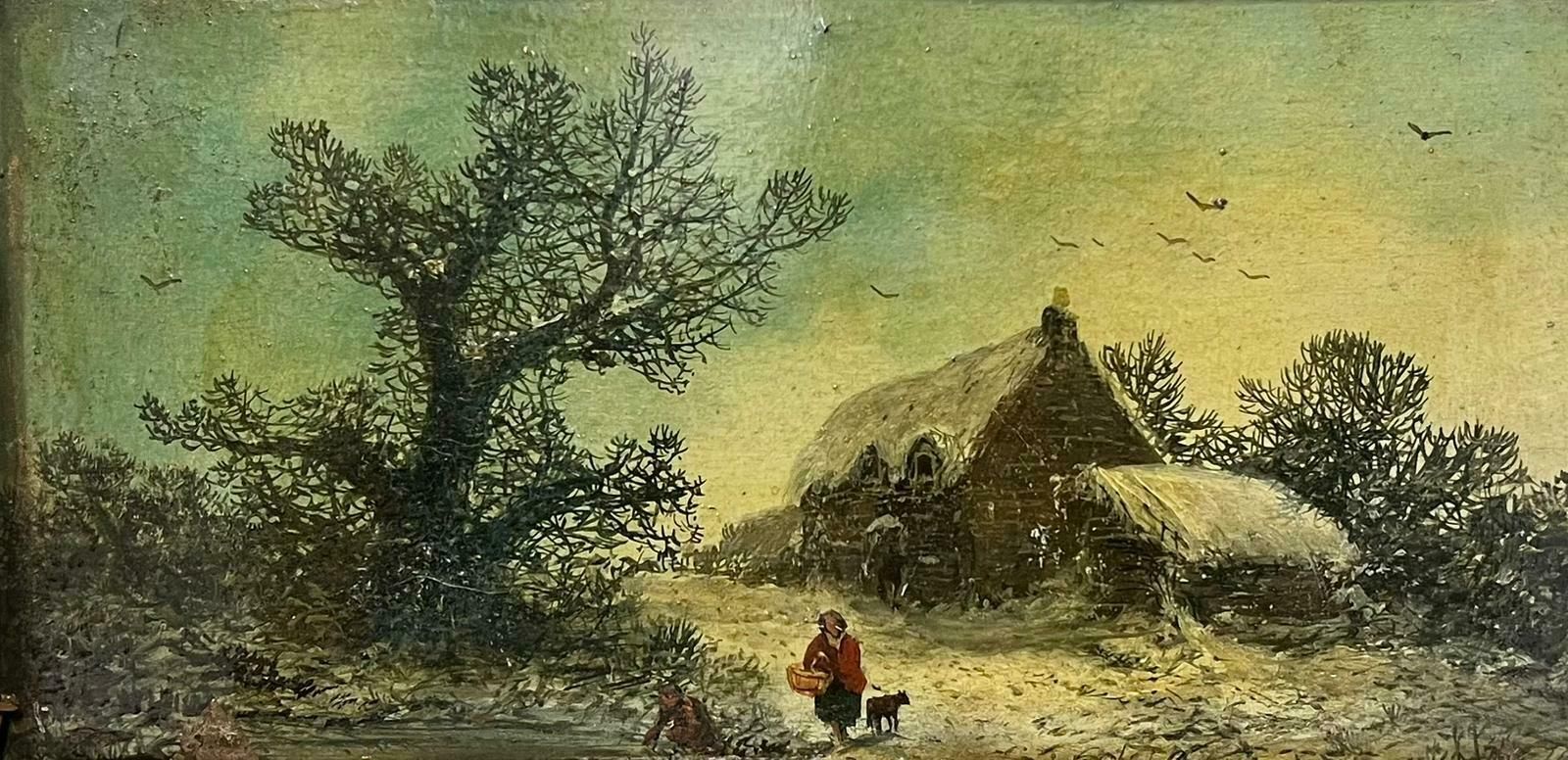 Victorian Schoolwinter Cottage Rural Lane Victorian English Oil Painting Antique Gilt Frame photo furniture