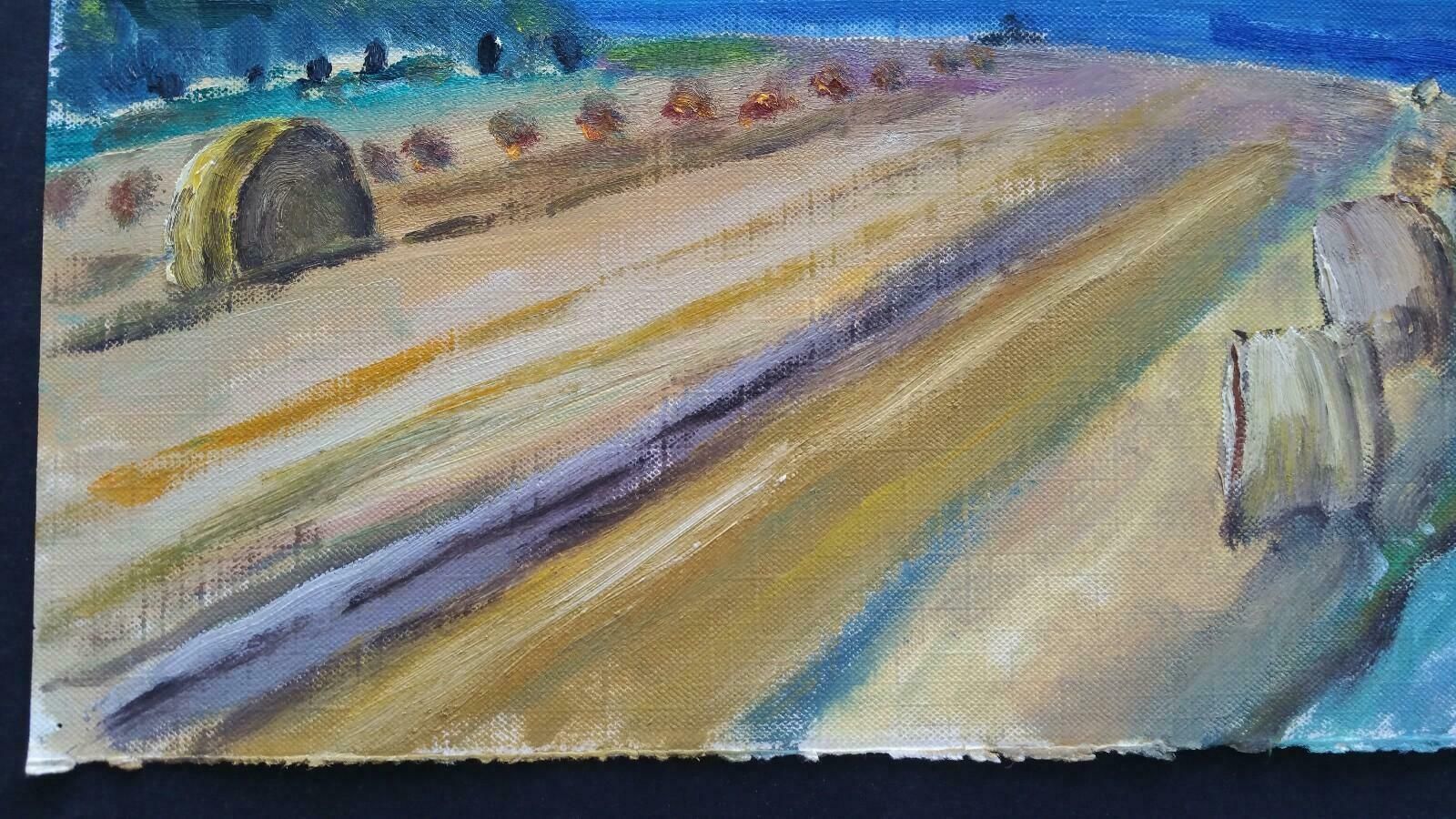 Unknown20th Century French Oil Painting Hay Rolls In A Coastal Field Blue Sealate 20th Century photo vinterior