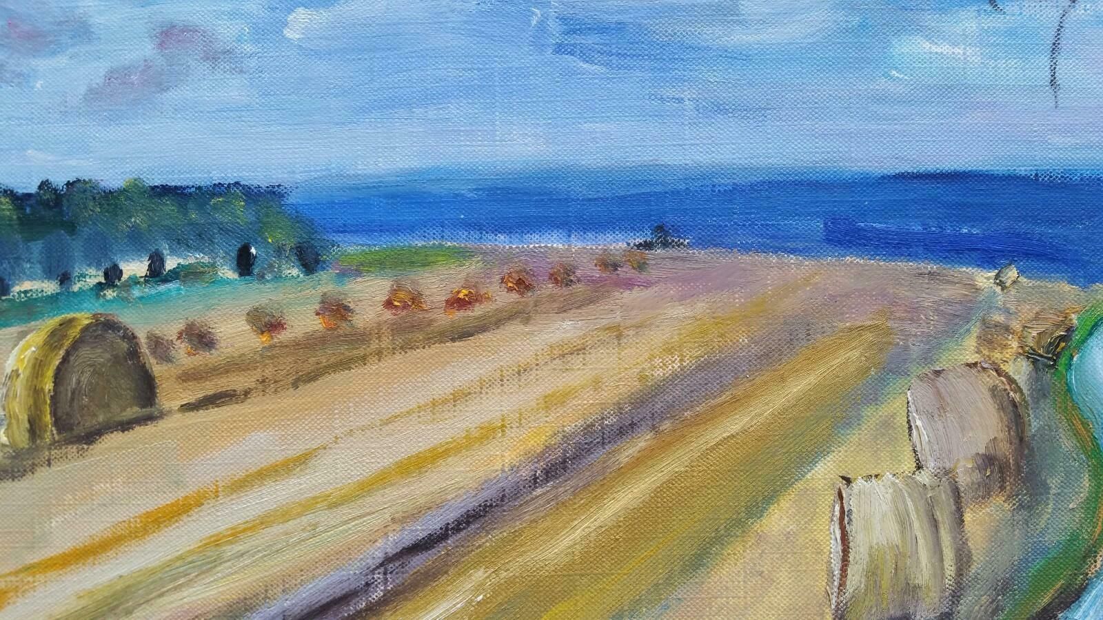 Unknown20th Century French Oil Painting Hay Rolls In A Coastal Field Blue Sealate 20th Century photo buy