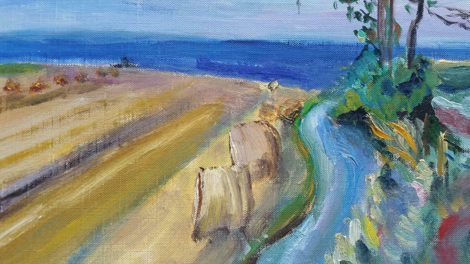 Unknown20th Century French Oil Painting Hay Rolls In A Coastal Field Blue Sealate 20th Century photo vintage