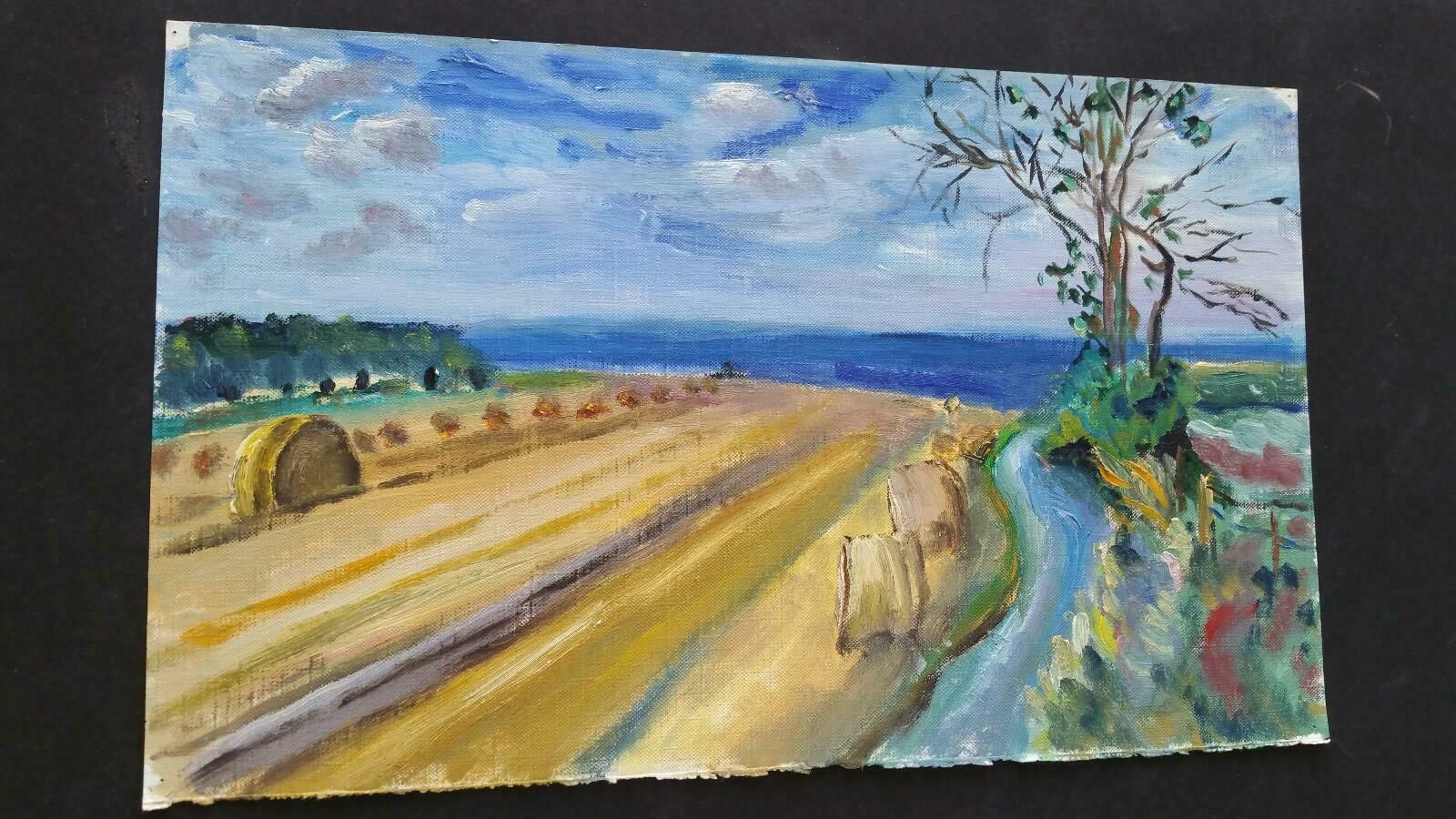 photo furniture Unknown20th Century French Oil Painting Hay Rolls In A Coastal Field Blue Sealate 20th Century