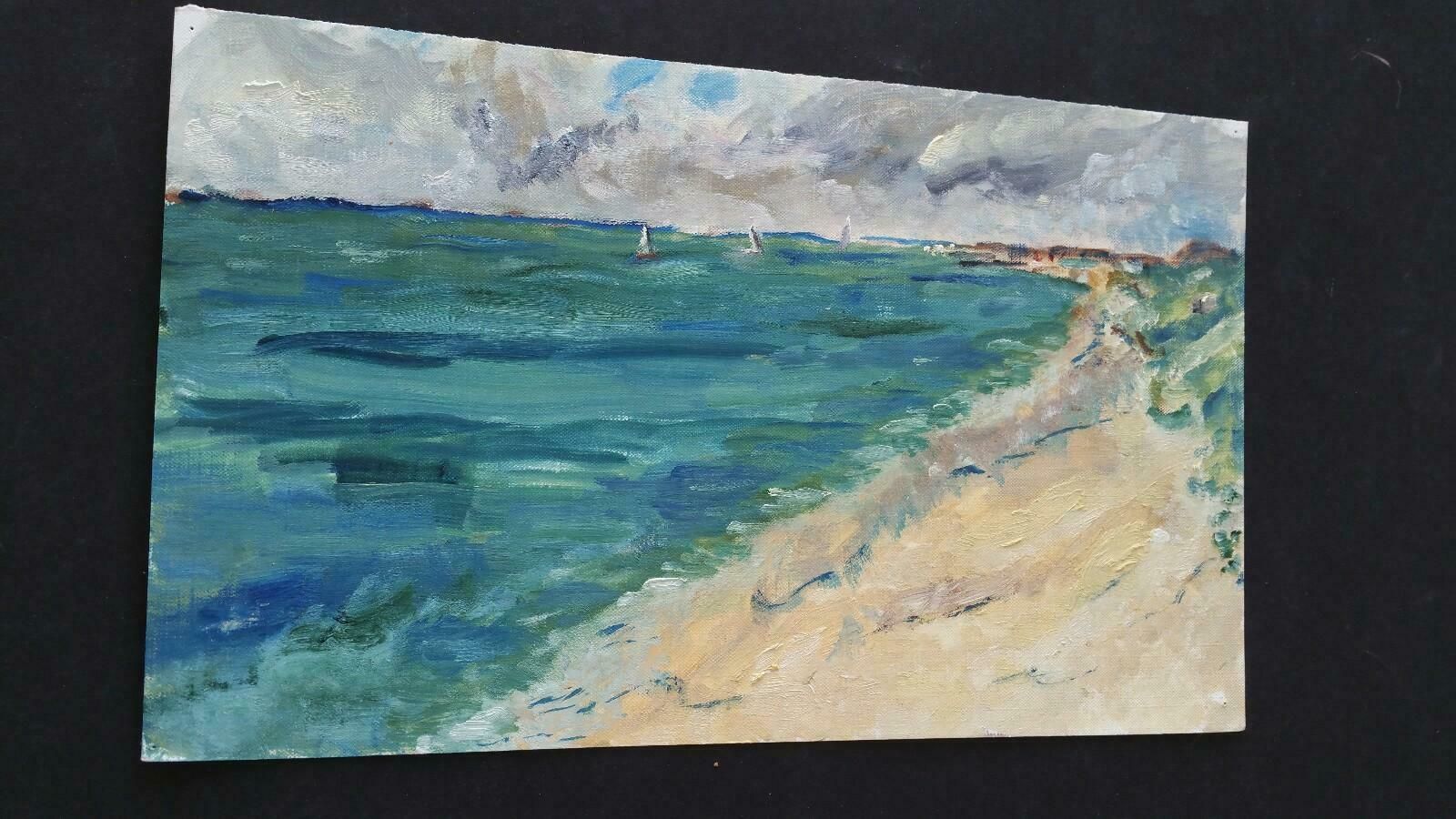 photo furniture Unknown20th Century French Oil Painting A Summer Beach Blue Skieslate 20th Century