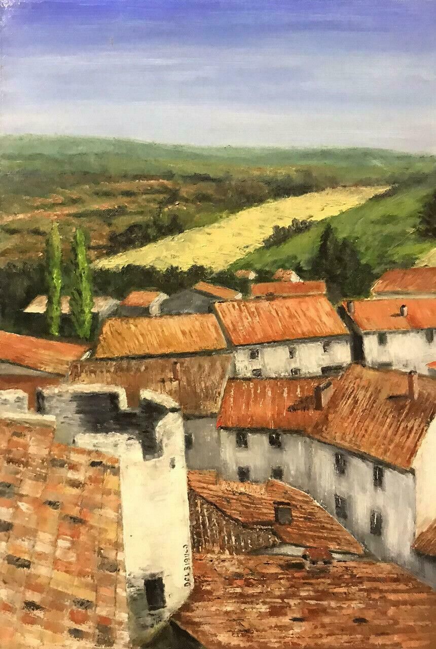 Louis Del Bianco (B.1925signed French Impressionist Oil View Over Provence Town Roof Tops & Fieldsc. 1980's