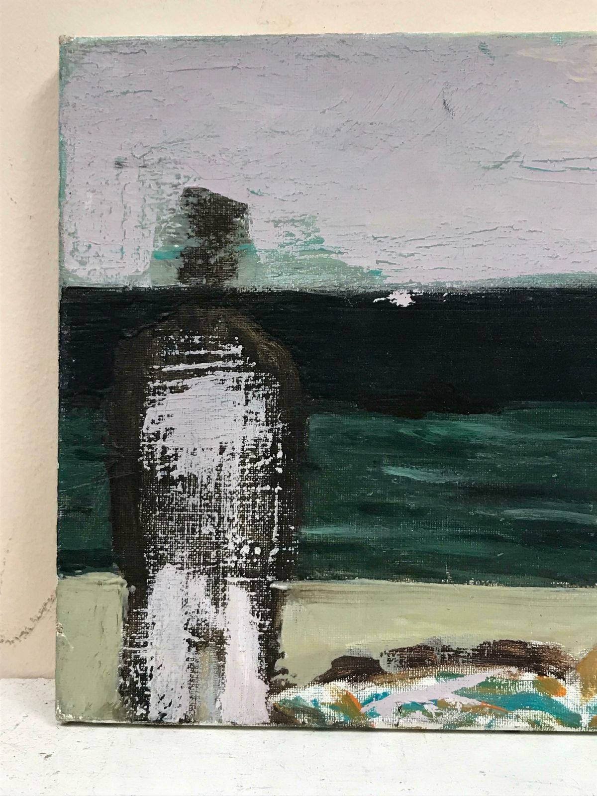 French School20th Century French Modernist Oil Two Figures On Beach With Sea & Jetty photo Art