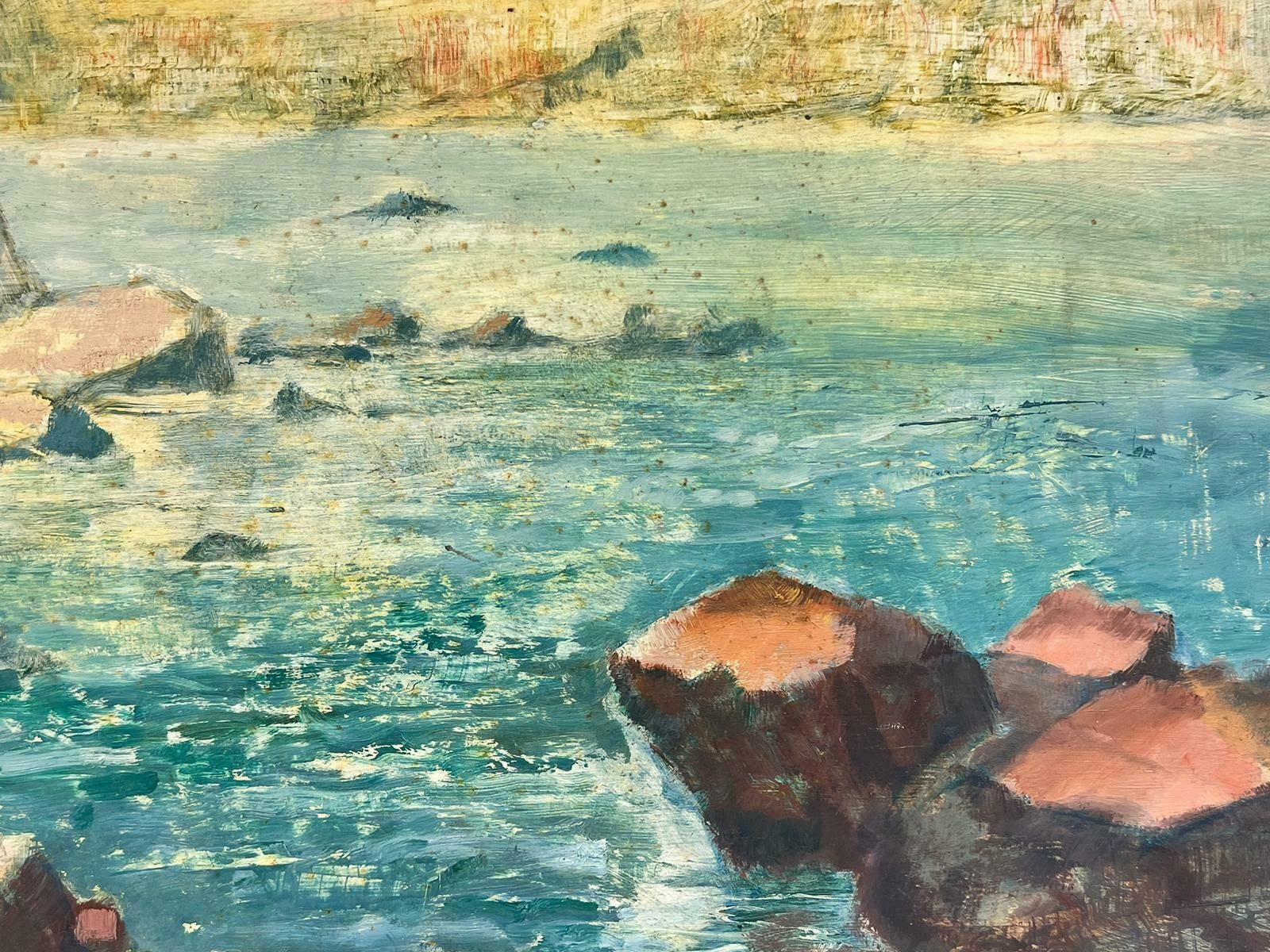 Barbera Doyle1970's Modern British Impressionist Oil Painting Spanish Coastal Blue Sea Rocksc. 1970's photo furniture