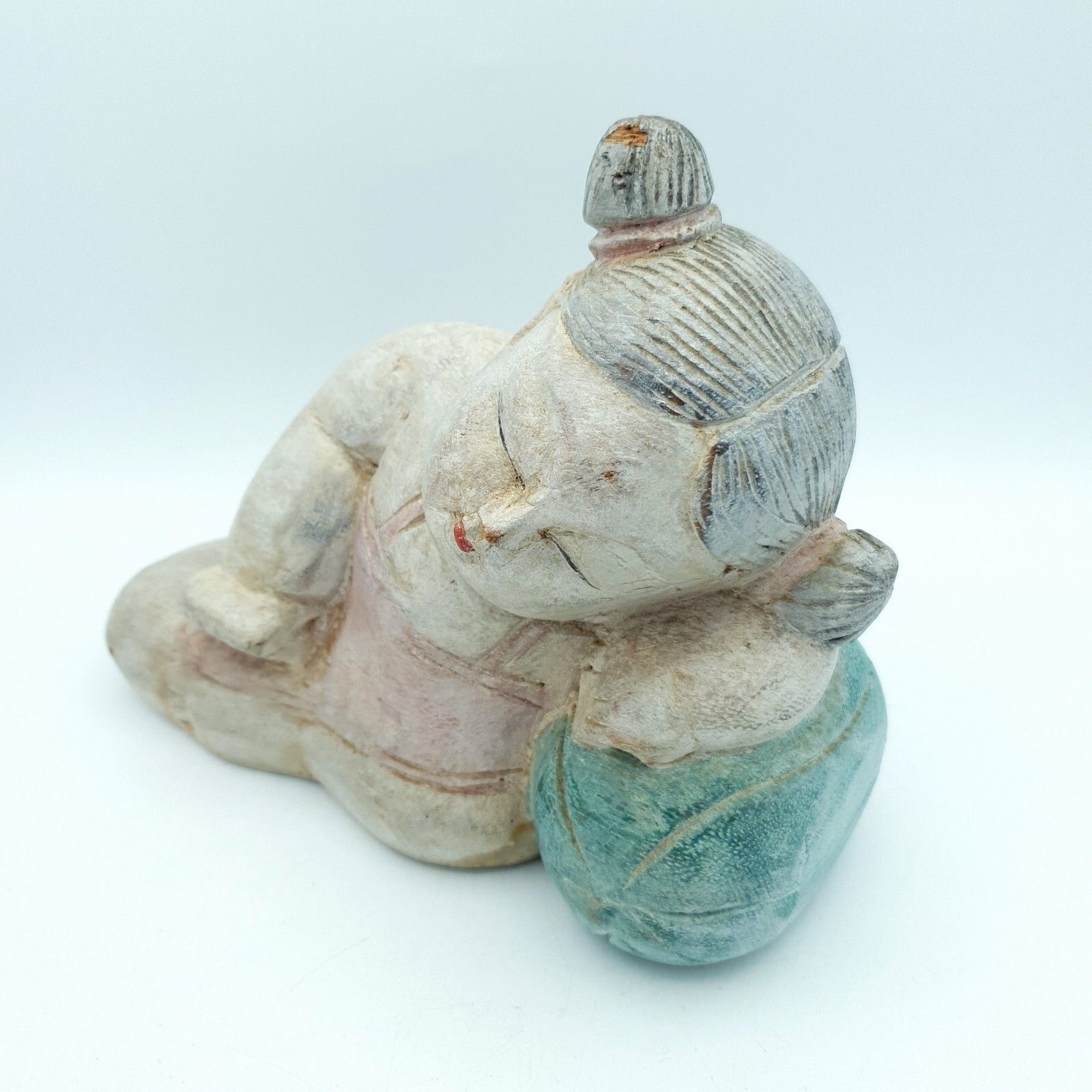Handcarved Asian Sculptures Wood Carved Children Sleeping C1960 80s Altai Mount? photo for sale