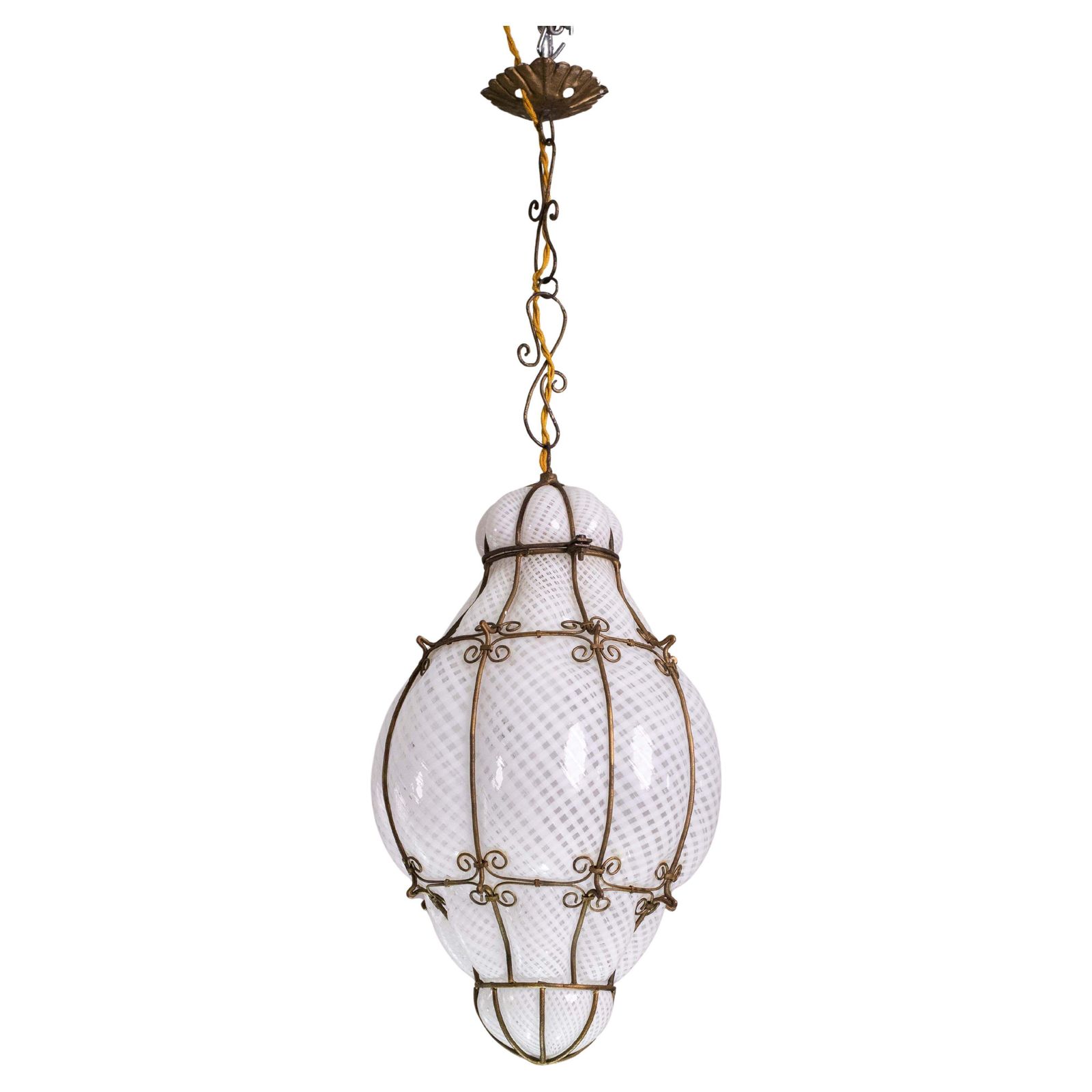 Extraordinary Rare Large Size Venetian Lantern In Murano Reticello Glass, 1940s