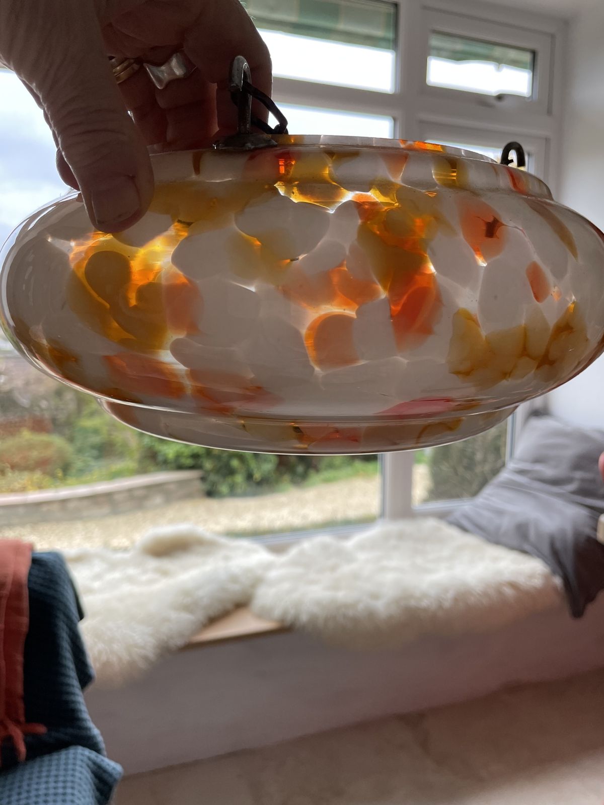 Art Deco 1930’s Amber And Orange Scatterglass Flycatcher Lampshade With Hanging Chains photo furniture