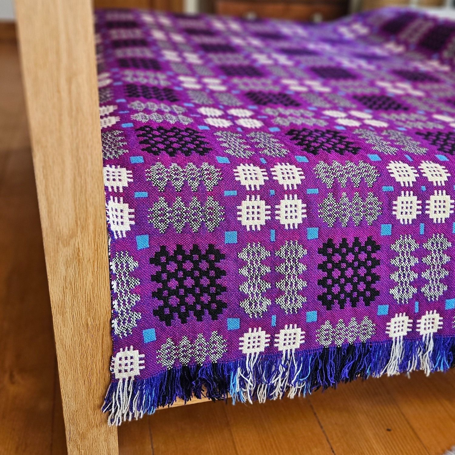 Vintage Welsh Blanket In Purple, Aqua, Black, Cream photo furniture