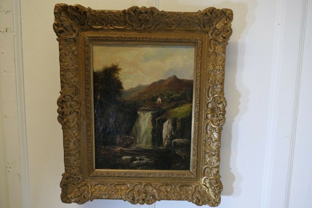 Unsigned Victorian Oil Painting, Of A Water Fall photo vintage