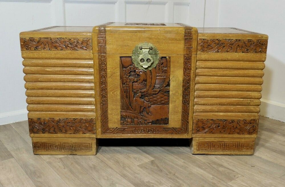 Art Deco Limed Oak & Carved Camphor Wood Chest