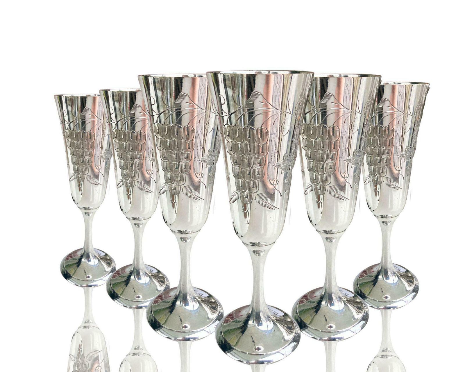 Silver Engraved Champagne Glasses | 6pcs | French Grapes Decor