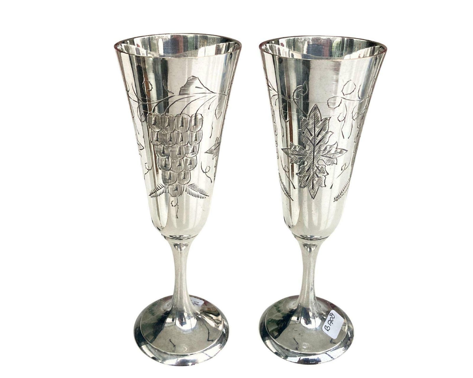 Silver Engraved Champagne Glasses | 6pcs | French Grapes Decor photo for sale