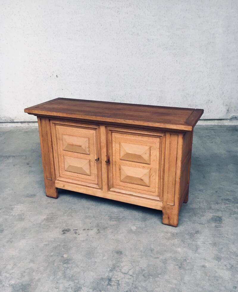 Brutalist Handcrafted Design Oak 2 Door Cabinet, 1950's Belgium photo for sale