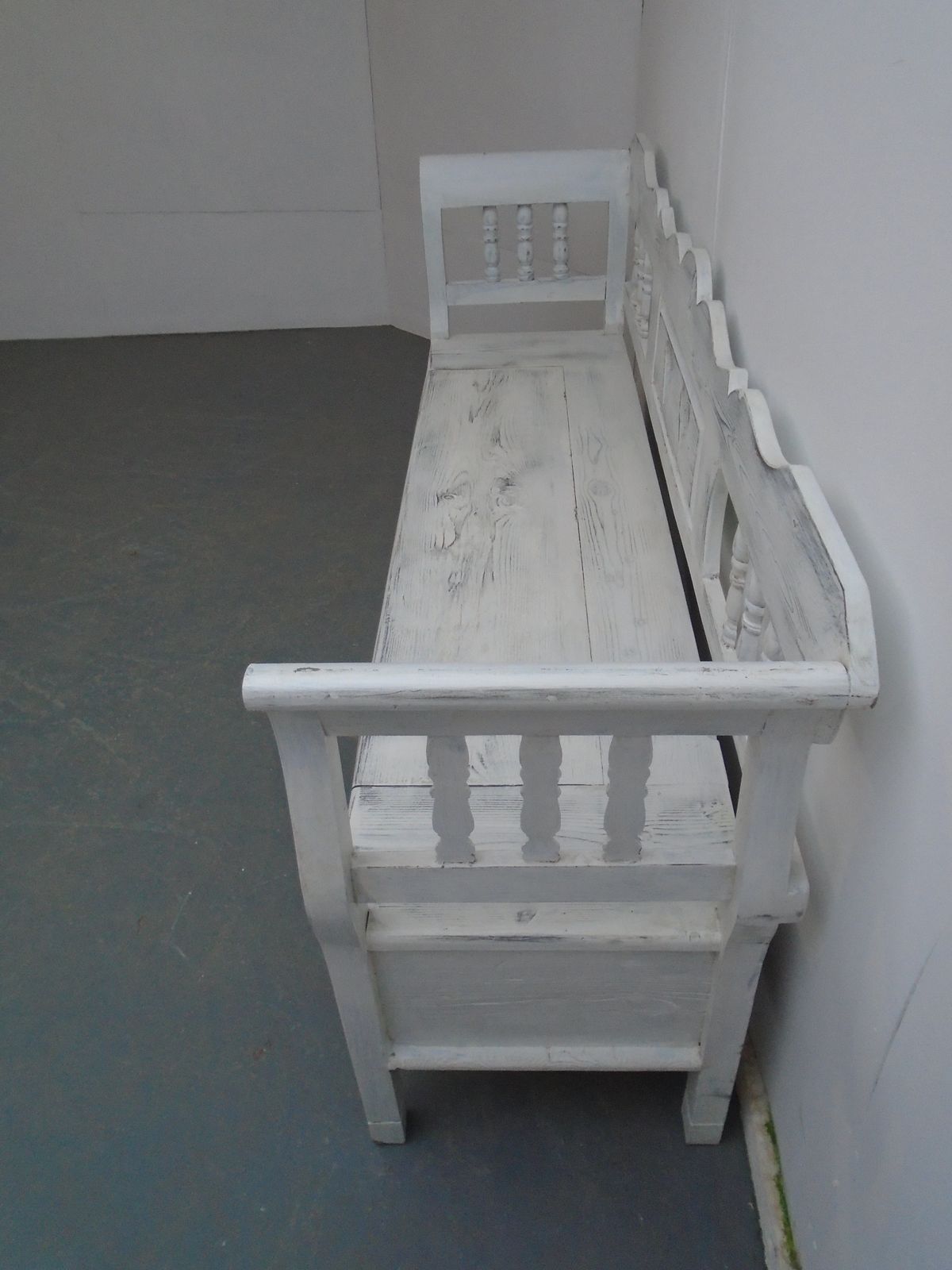 photo furniture A White & Black Heart Motif Antique Pine 3 Seater Bench