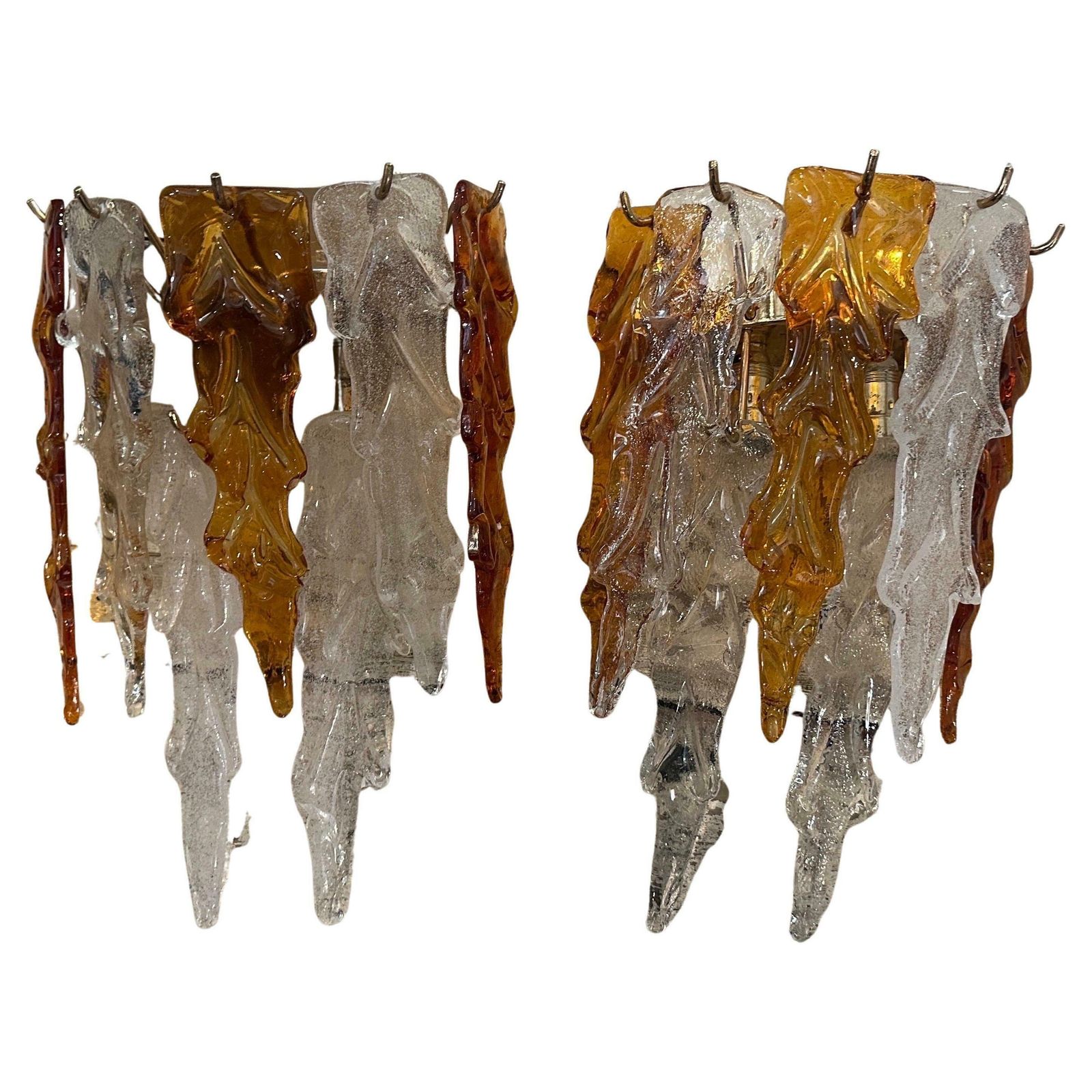 1970s Mid Century Modern Brass And Murano Glass Wall Sconces By Mazzega