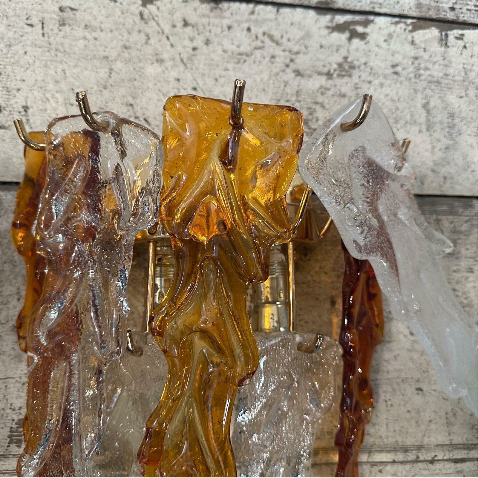 1970s Mid Century Modern Brass And Murano Glass Wall Sconces By Mazzega photo vintage