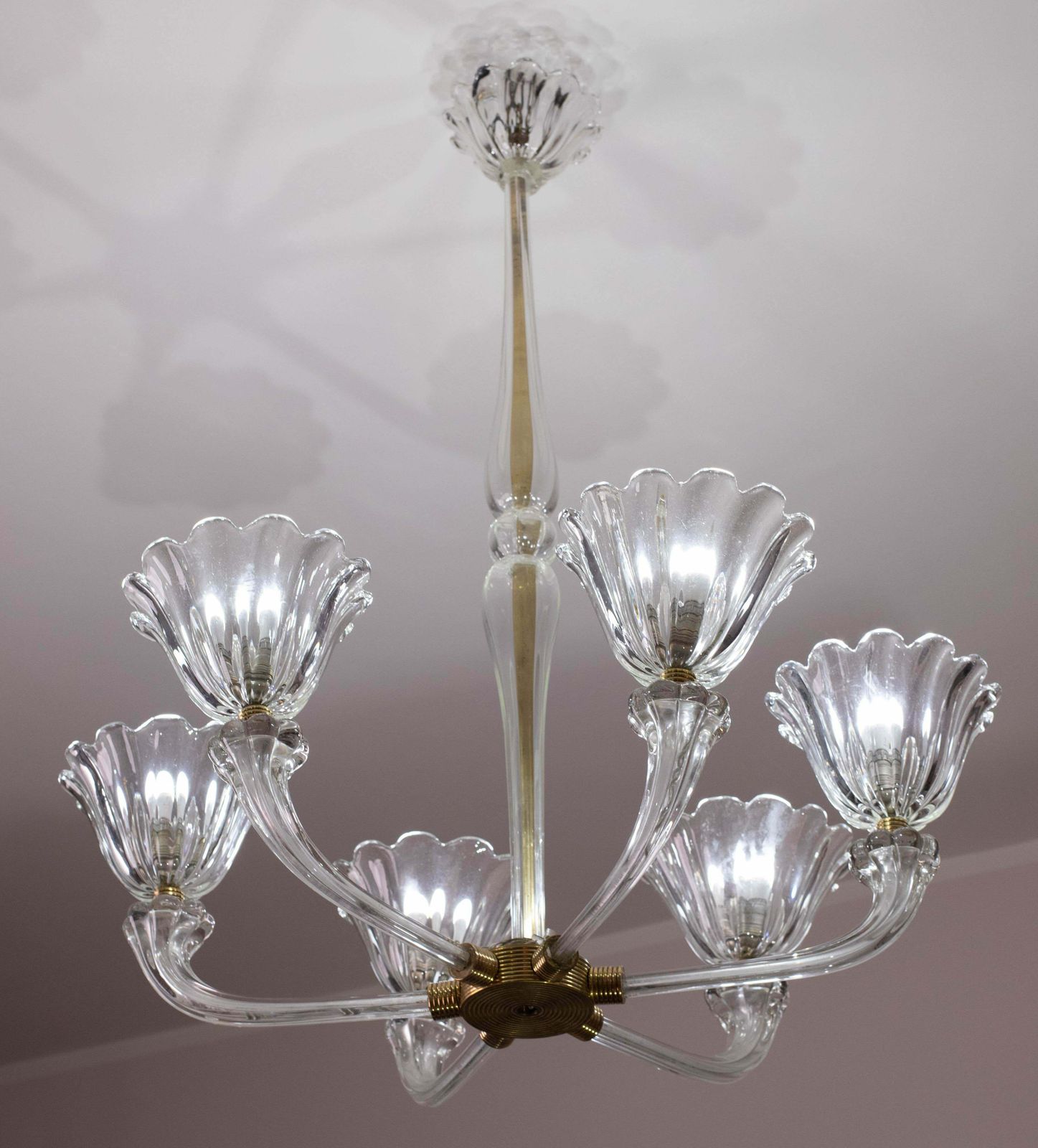 Mid Century Venetian Art Deco Murano Blown Glass Six Light Chandelier By Seguso photo vinterior