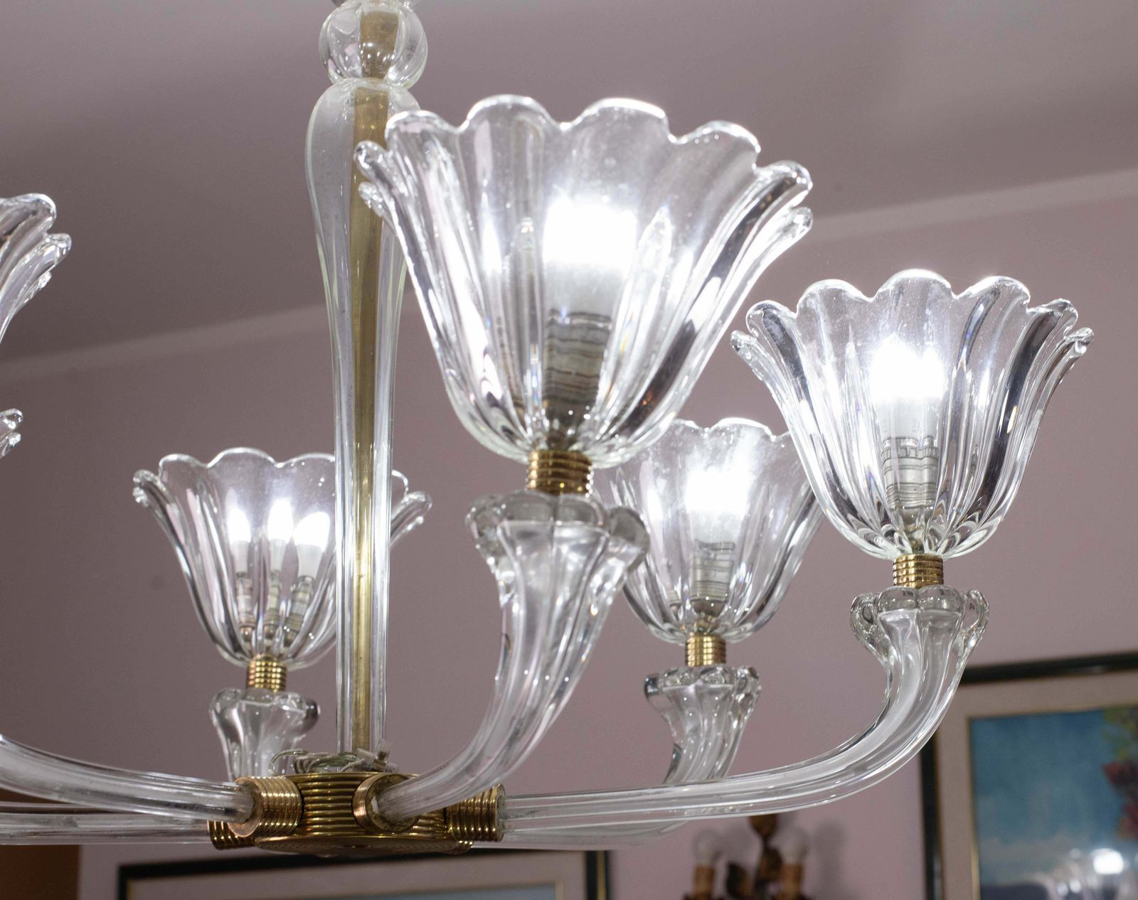 photo for sale Mid Century Venetian Art Deco Murano Blown Glass Six Light Chandelier By Seguso