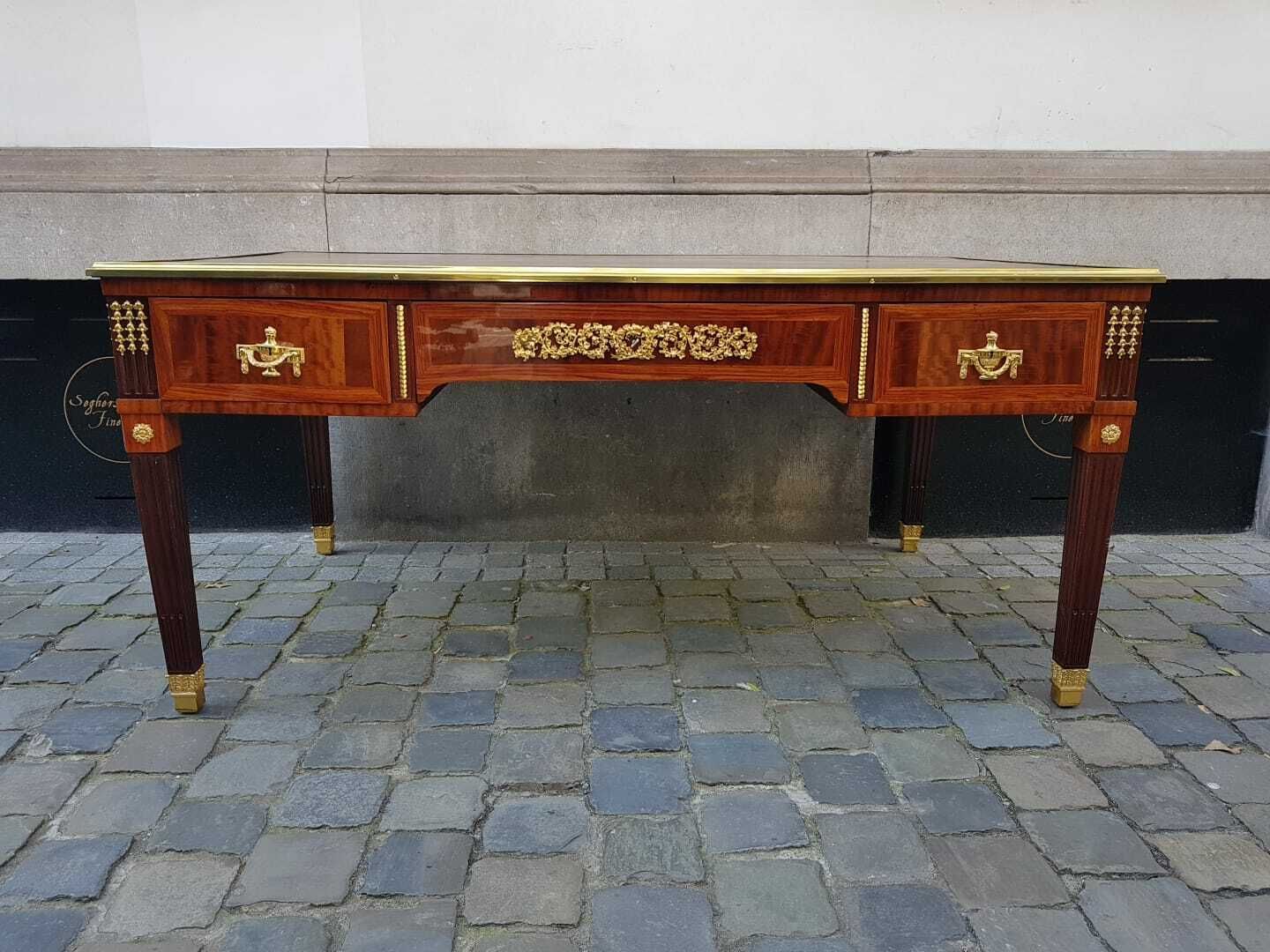 Beautiful And Large Louis XVI Style Desk   Several Species Of Fruitwood   Gilt Bronze Hardware   Leather