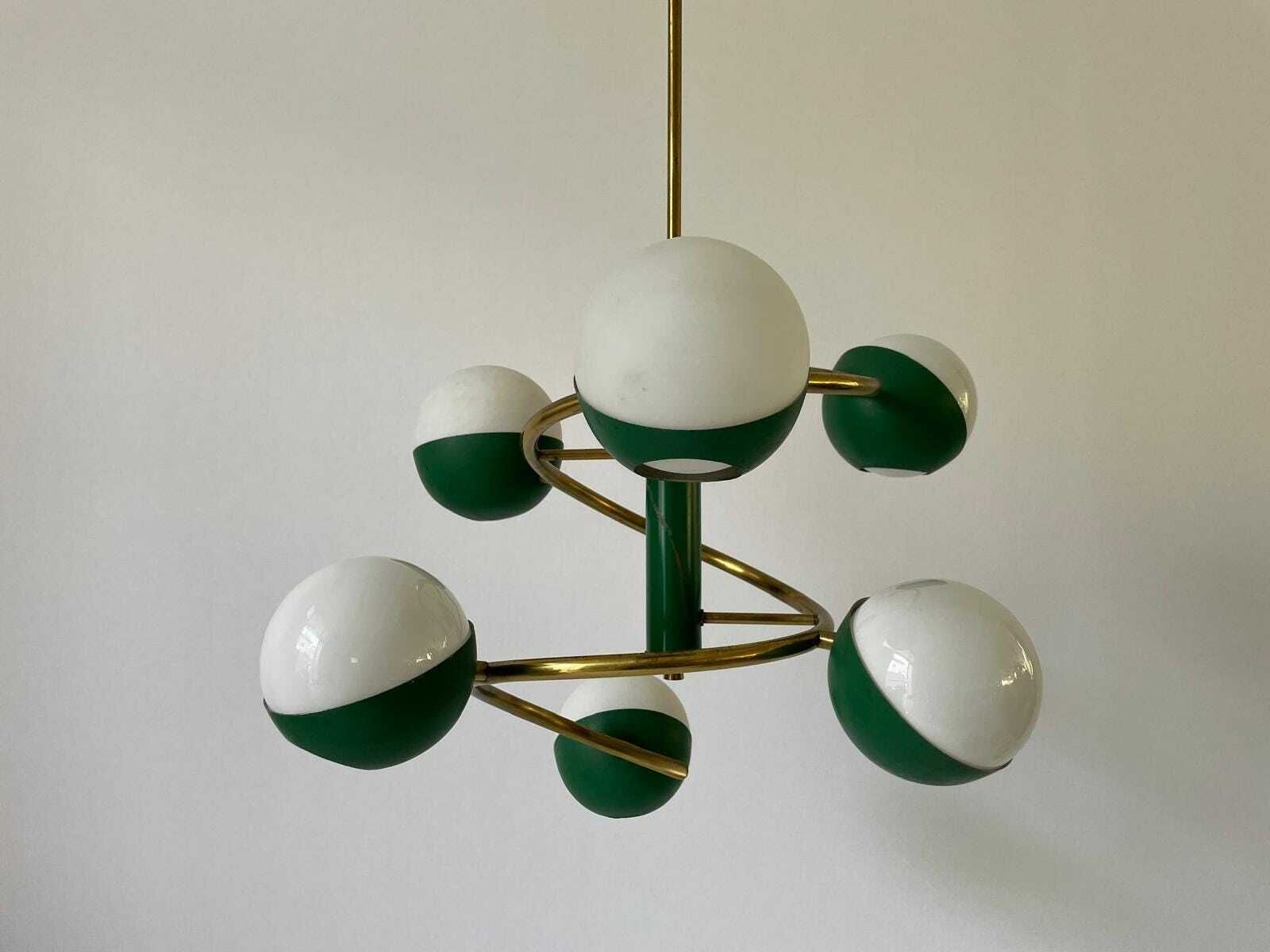 Exclusive Green Metal And Glass 6 Head Space Age Chandelier With Brass Circular Body, 1960s, Italy photo 5388.0