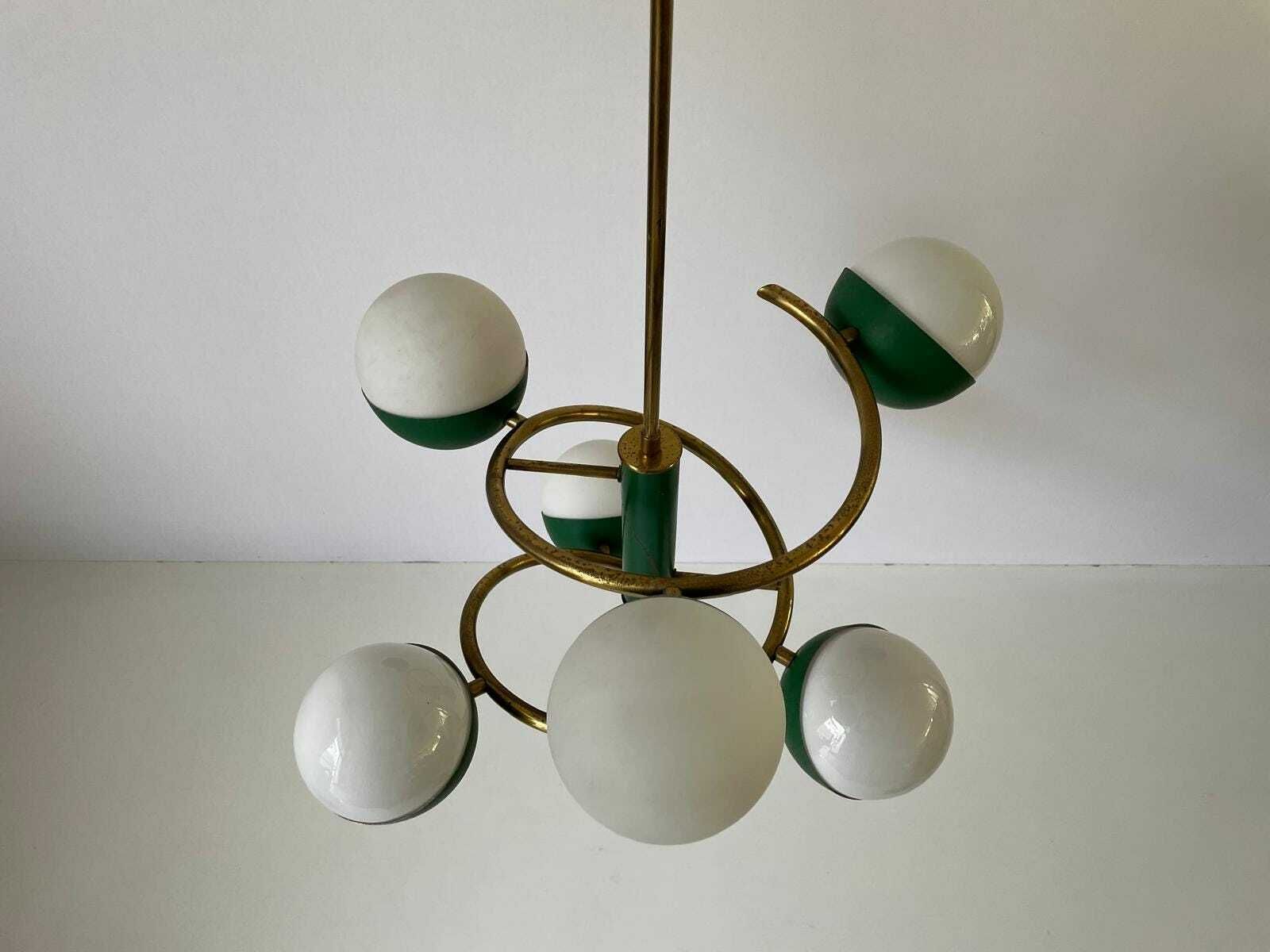 Exclusive Green Metal And Glass 6 Head Space Age Chandelier With Brass Circular Body, 1960s, Italy photo buy