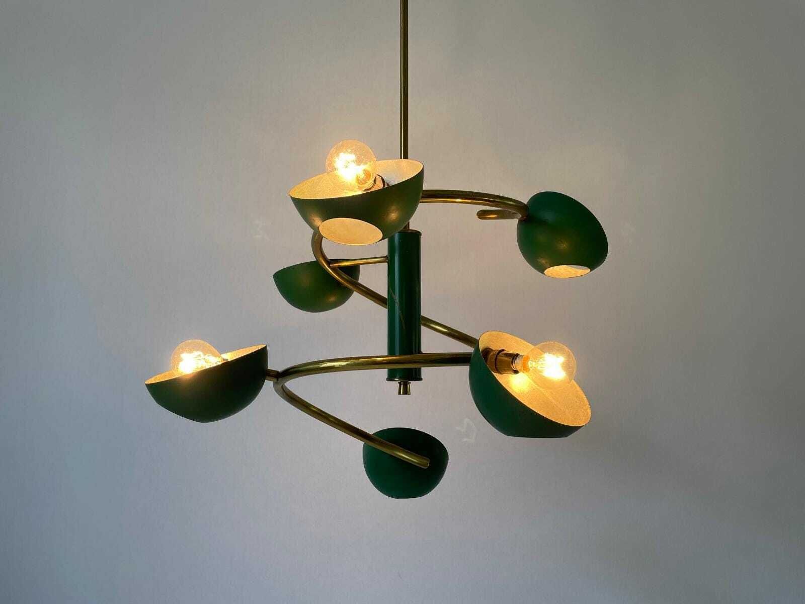 photo for sale Exclusive Green Metal And Glass 6 Head Space Age Chandelier With Brass Circular Body, 1960s, Italy