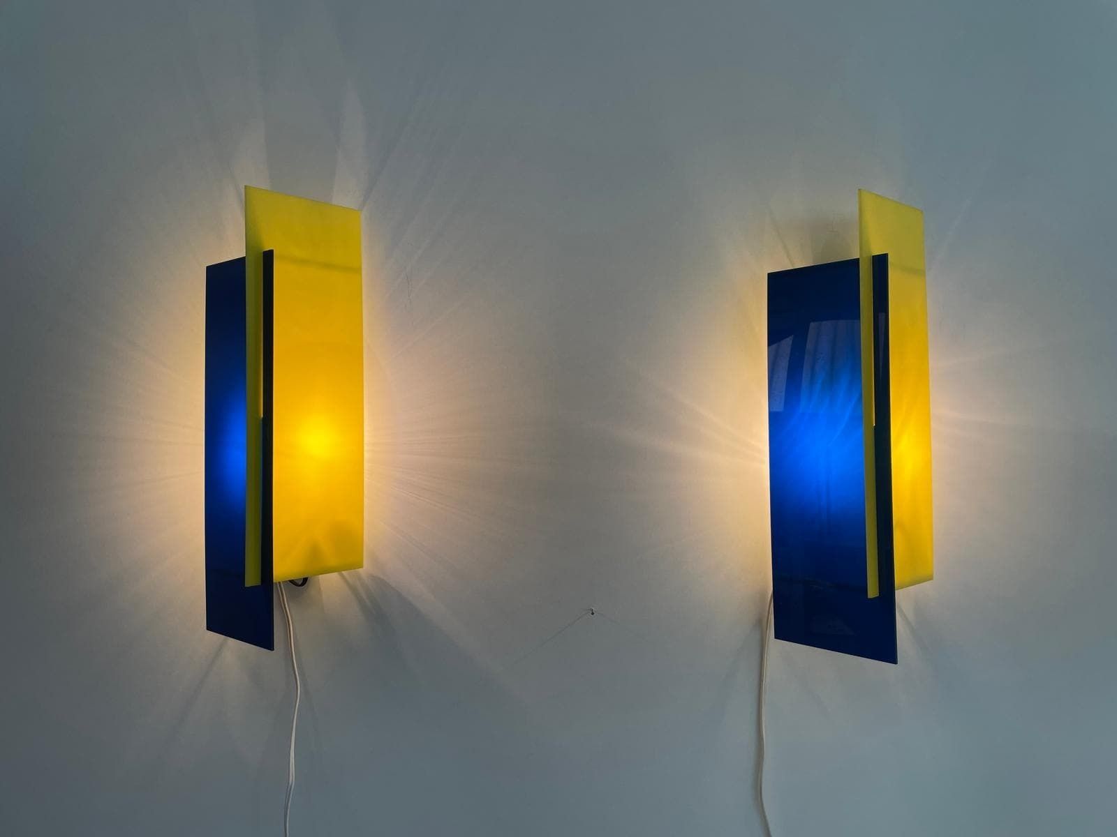 Italian Design Yellow And Dark Blue Plexiglass Shade Pair Of Sconces, 1950s, Italy photo furniture