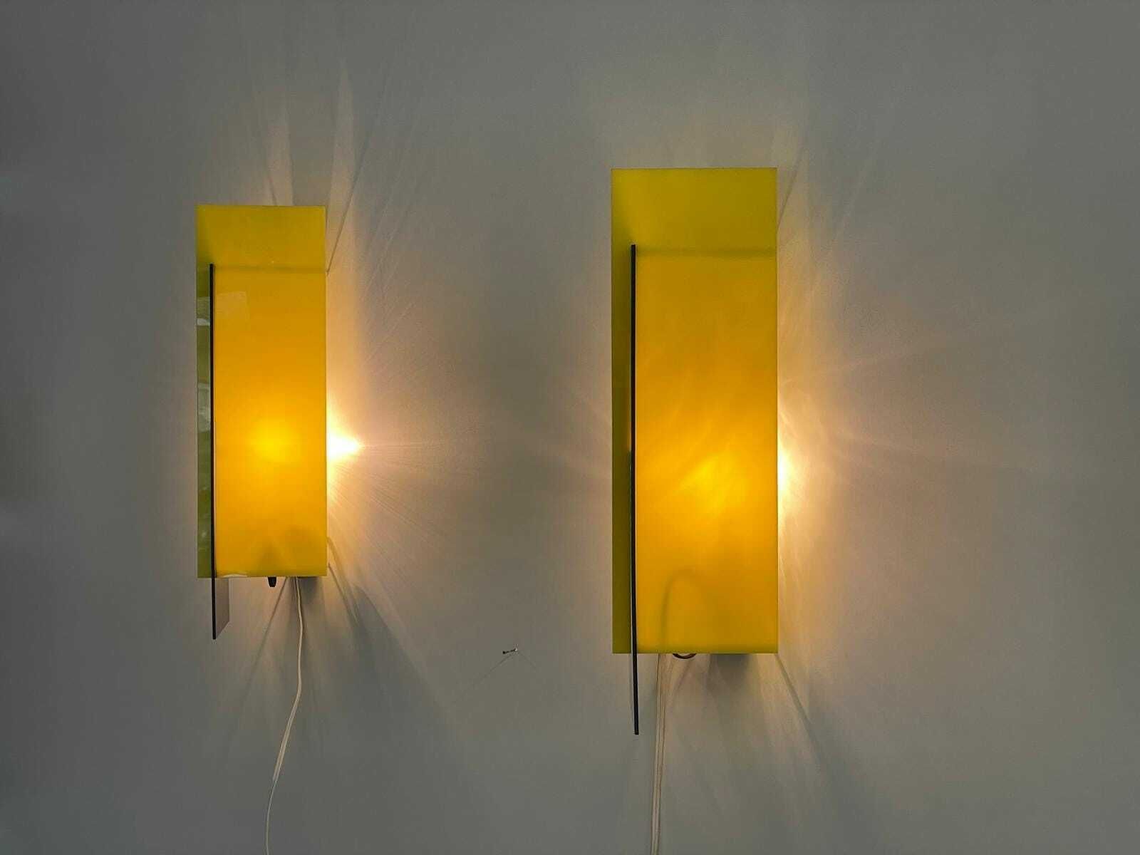Italian Design Yellow And Dark Blue Plexiglass Shade Pair Of Sconces, 1950s, Italy photo Lighting