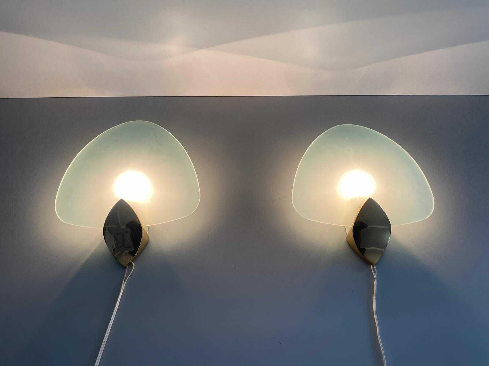 Italian Green Thick Glass Leaf Shaped Pair Of Sconces With Gold Details, 1970s, Italy photo furniture