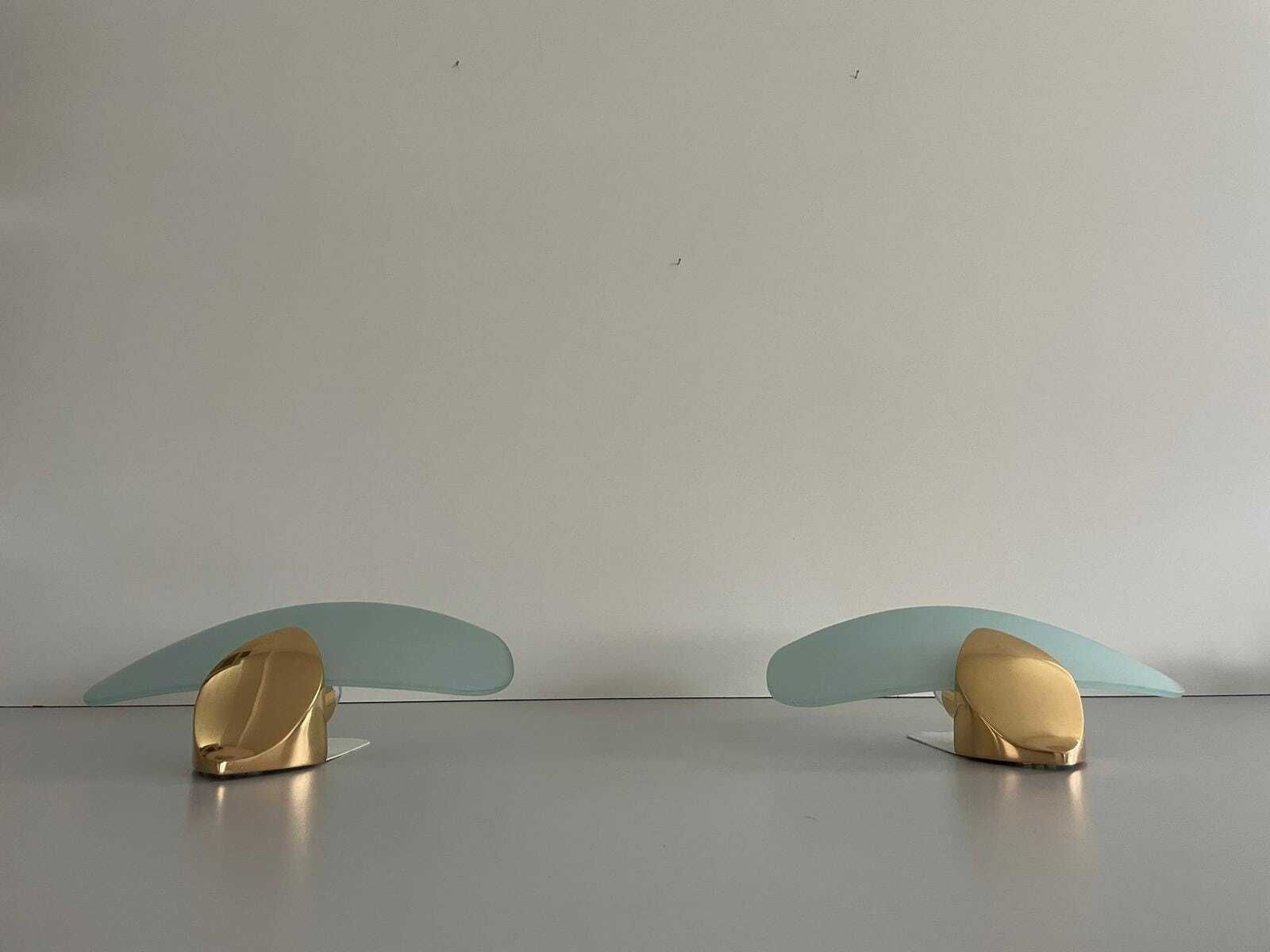 Italian Green Thick Glass Leaf Shaped Pair Of Sconces With Gold Details, 1970s, Italy photo buy