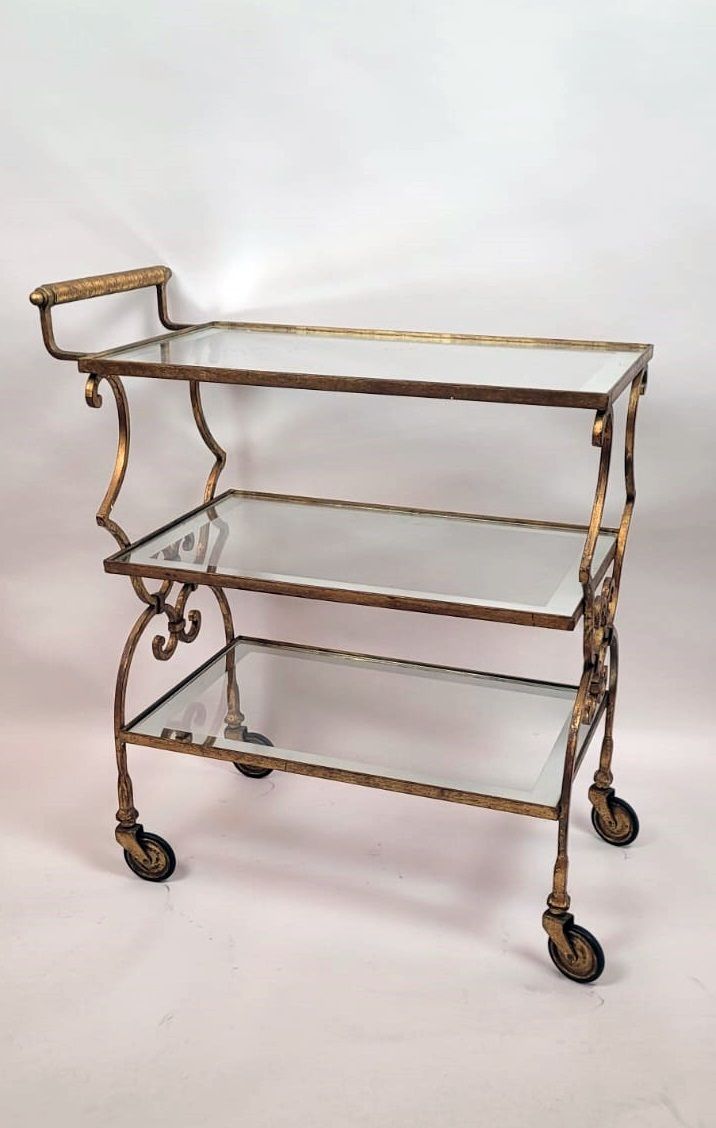 Serving Table In Gold Metal And Glass   3 Levels   Circa 1940