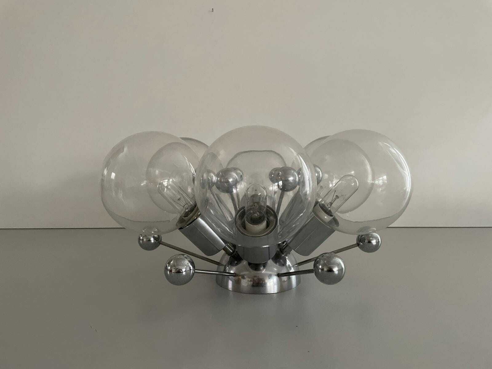 Italian 6 Ball Glass And Chrome Body Atomic Flush Mount Light, 1960s, Italy photo for sale