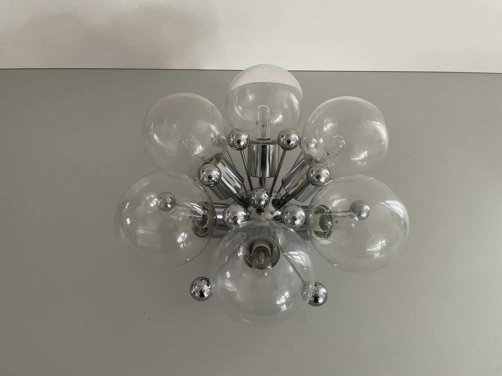 Italian 6 Ball Glass And Chrome Body Atomic Flush Mount Light, 1960s, Italy photo Lighting