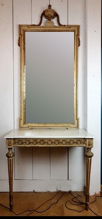 Louis XVI Style Console And Mirror   Slightly Veined White Marble   Gilding And Creamy White Patina